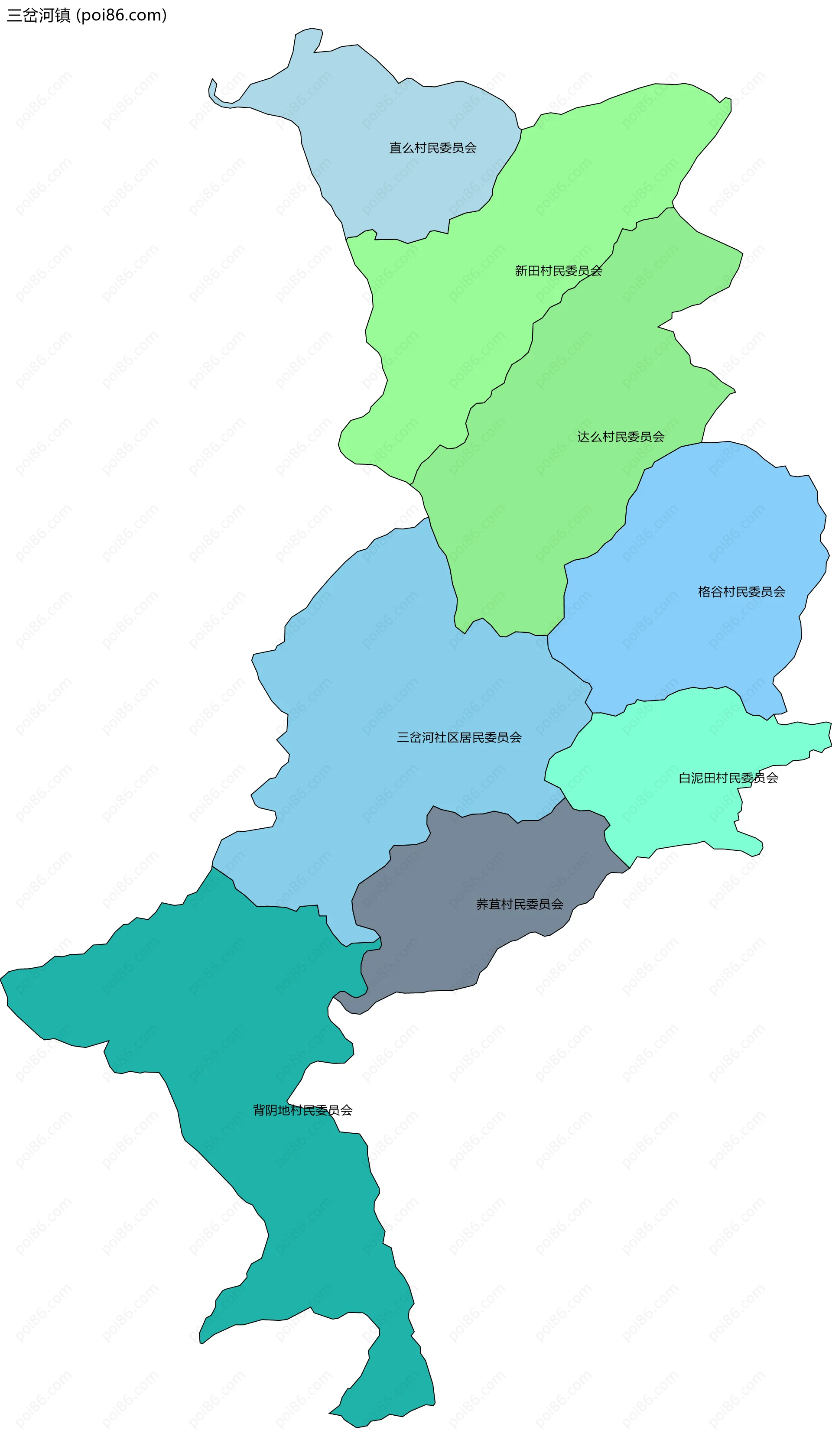 三岔河镇边界地图(五级行政区划)