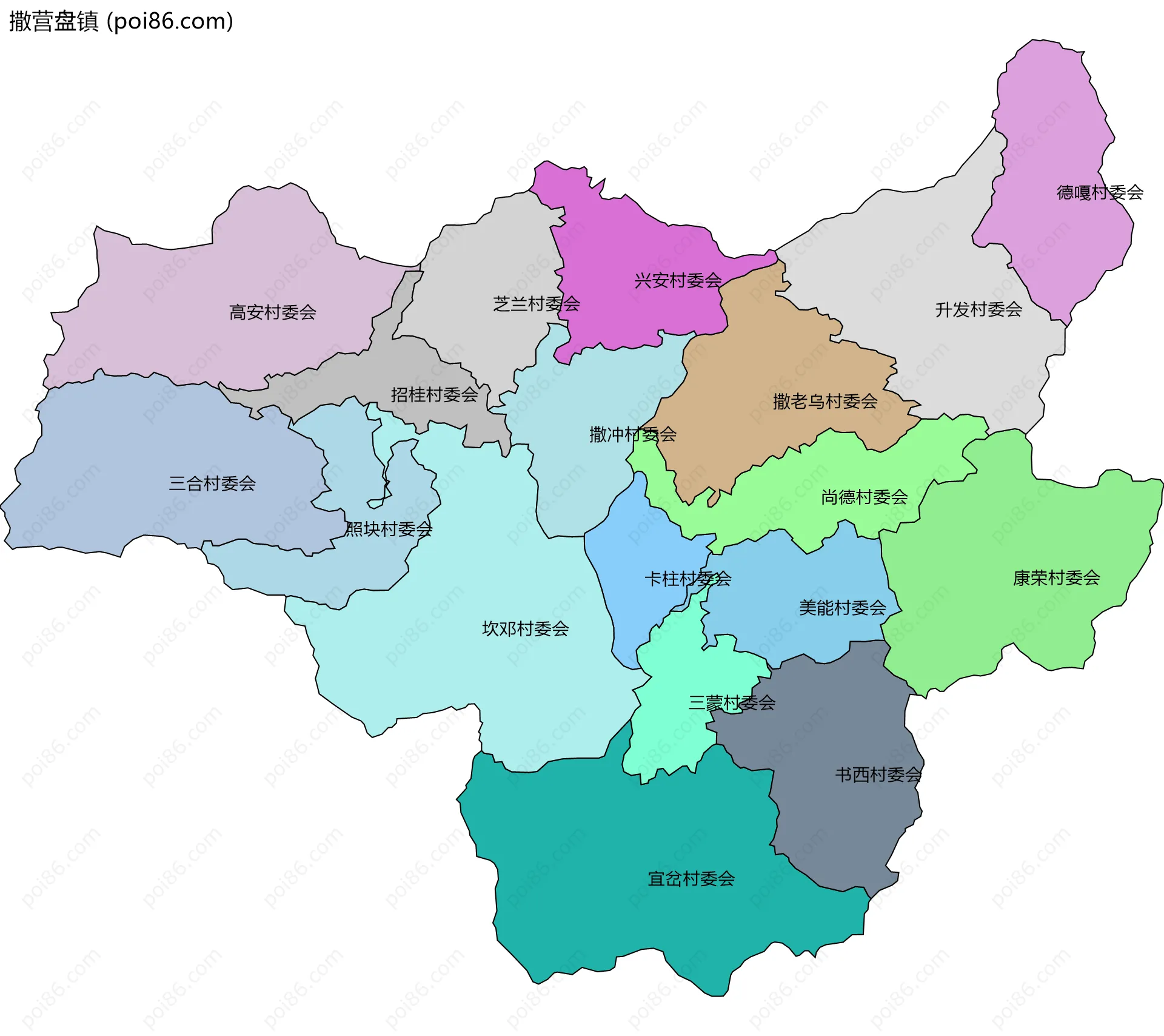 撒营盘镇边界地图(五级行政区划)