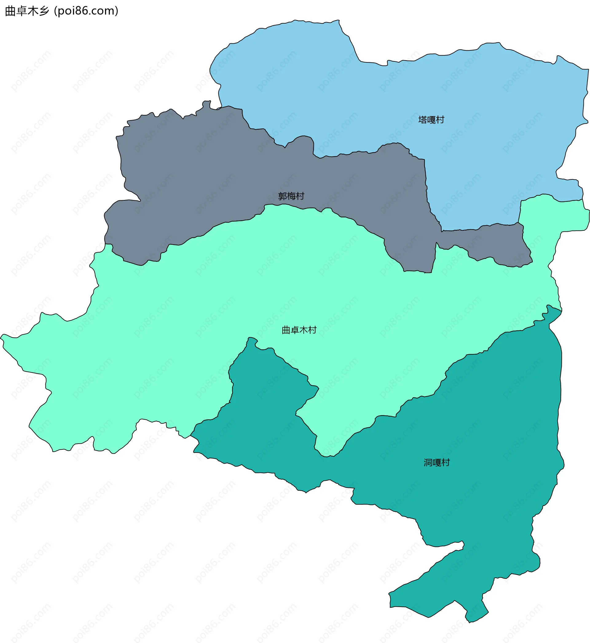 曲卓木乡边界地图(五级行政区划)