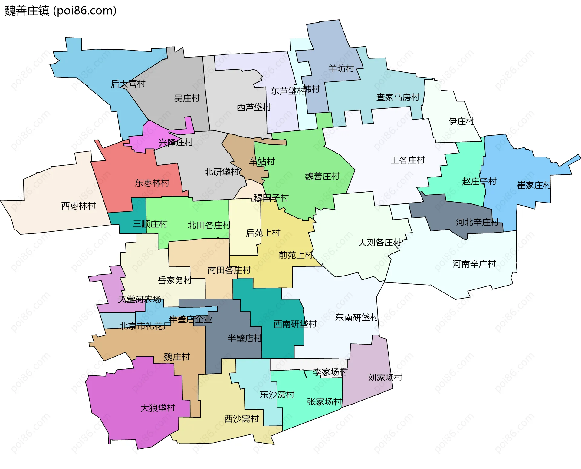 魏善庄镇边界地图(五级行政区划)