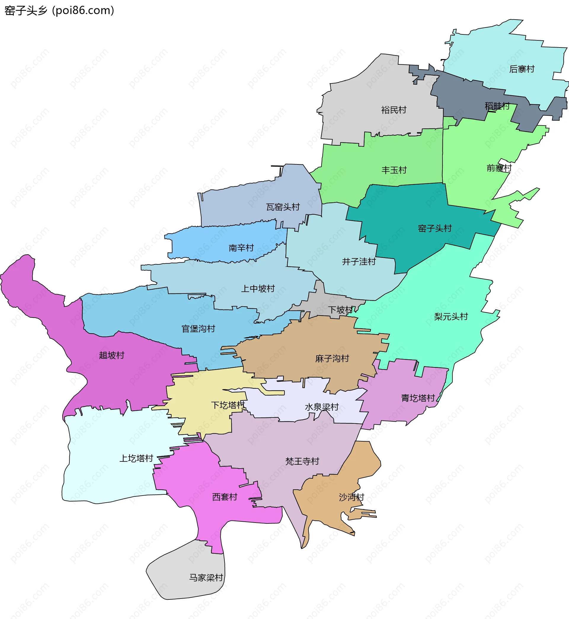 窑子头乡边界地图(五级行政区划)