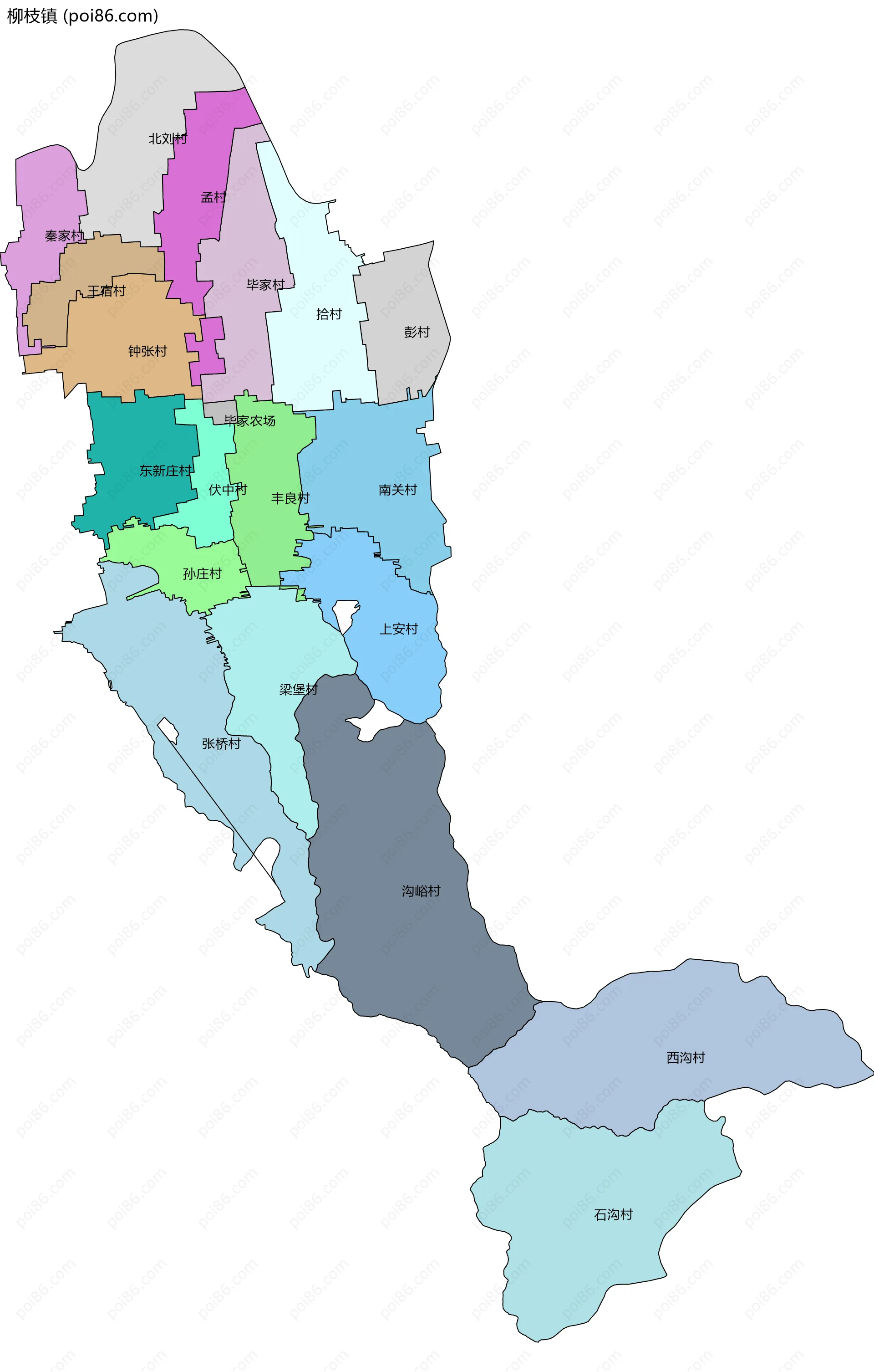 柳枝镇边界地图(五级行政区划)