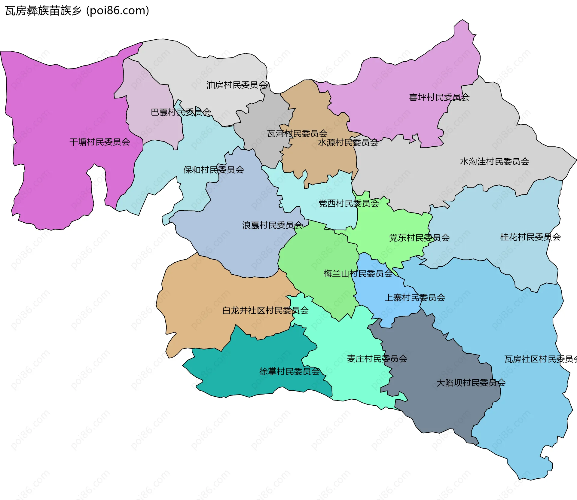 瓦房彝族苗族乡边界地图(五级行政区划)