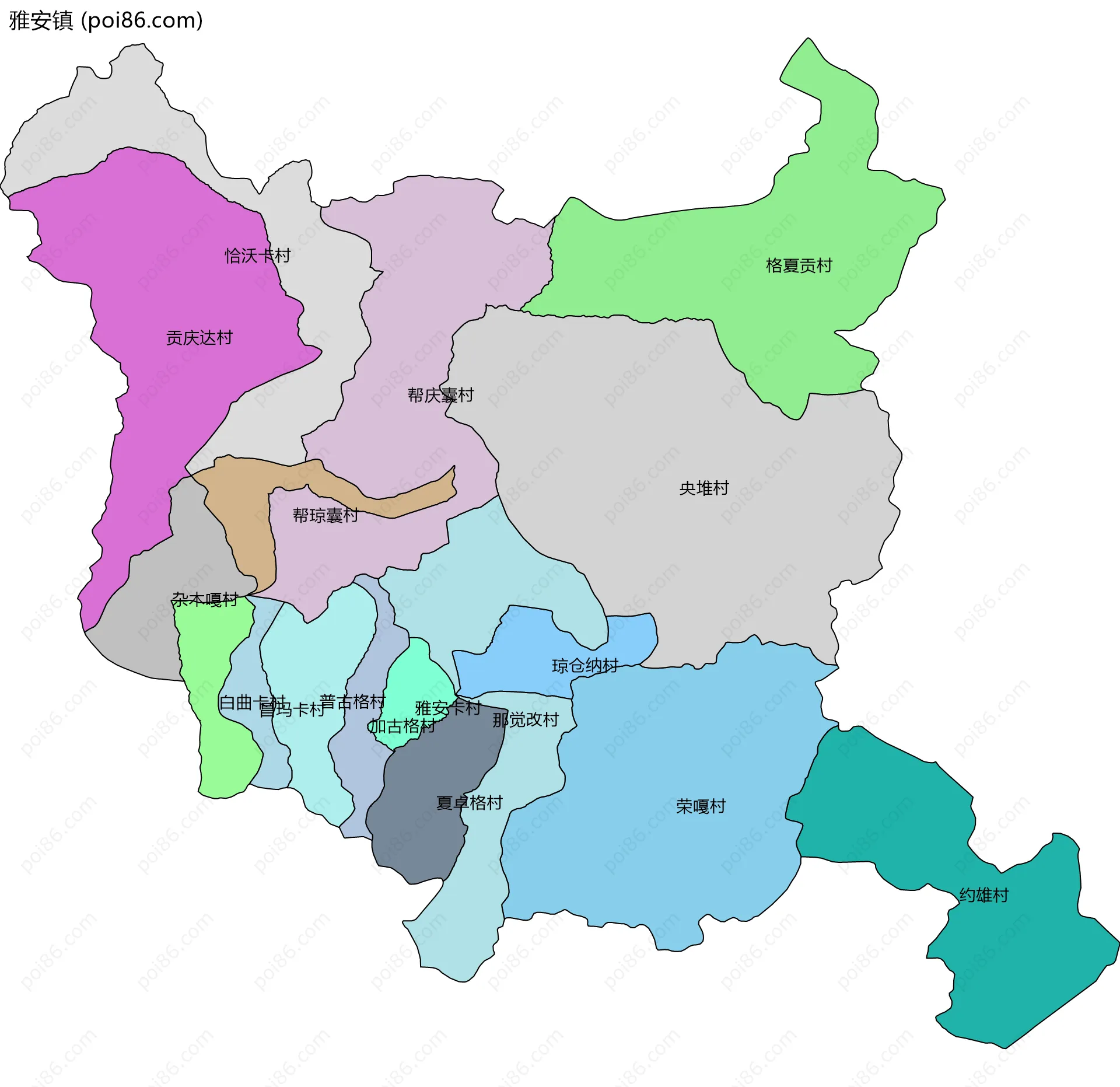 雅安镇边界地图(五级行政区划)