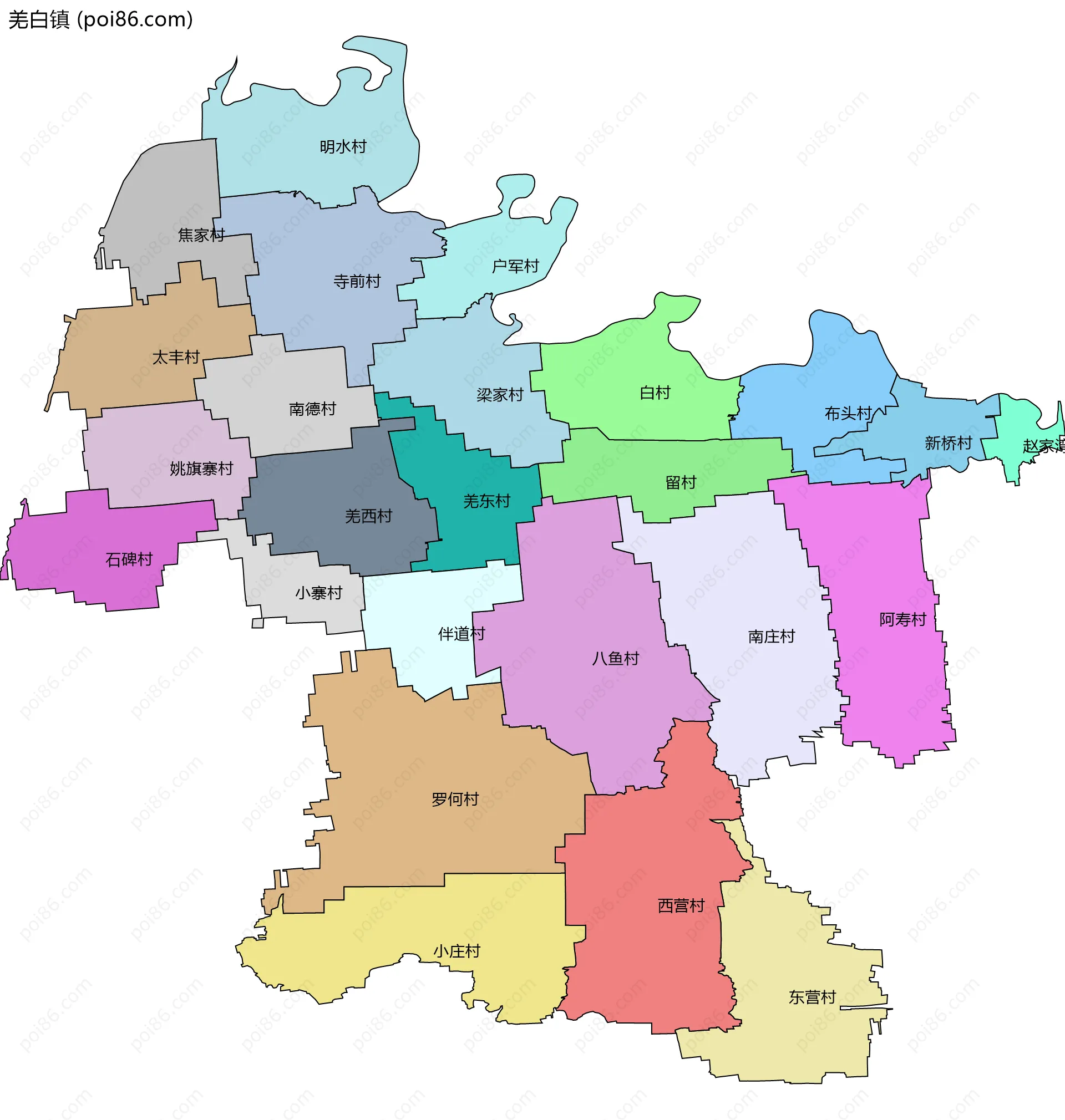 羌白镇边界地图(五级行政区划)