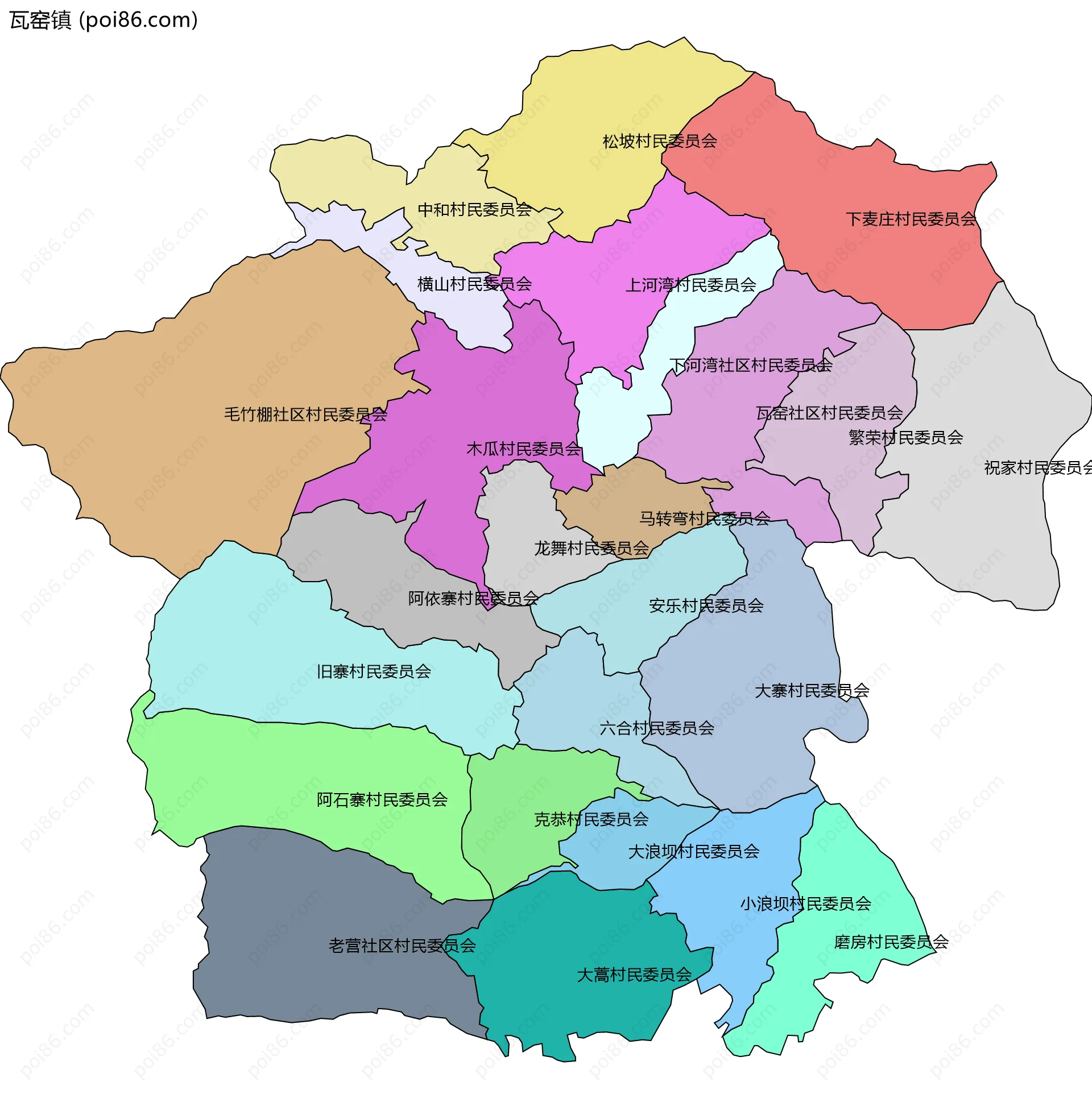 瓦窑镇边界地图(五级行政区划)