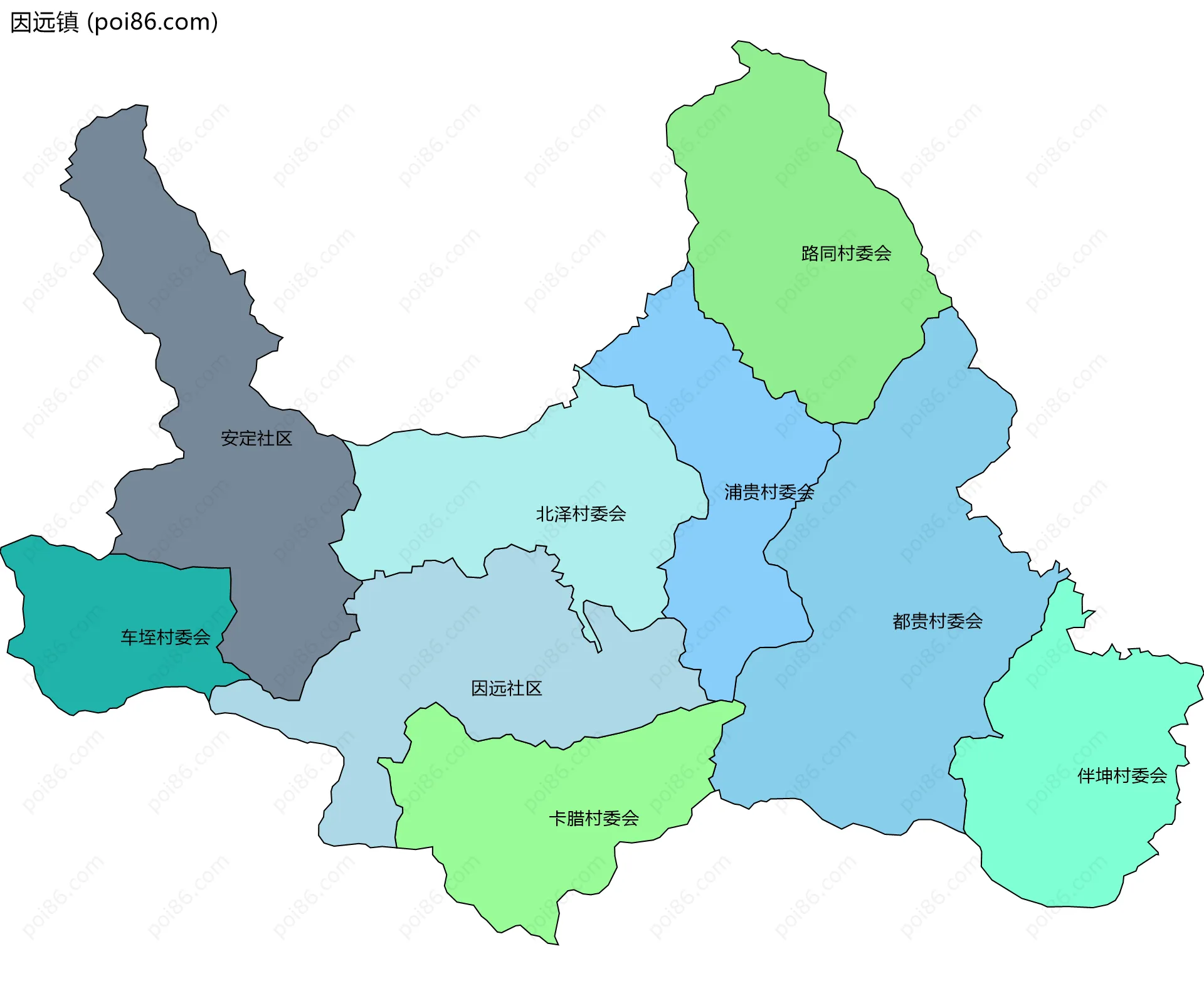 因远镇边界地图(五级行政区划)