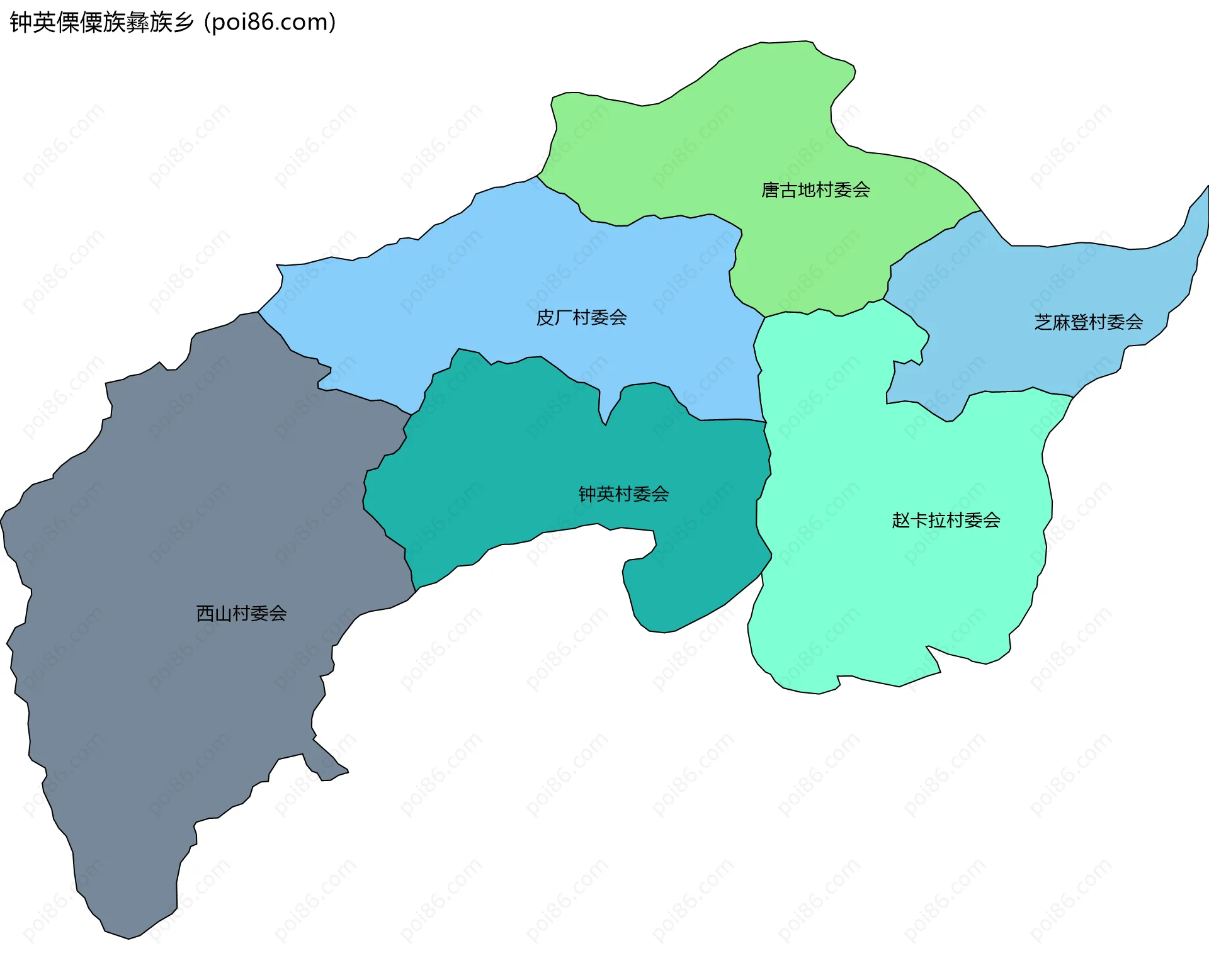 钟英傈僳族彝族乡边界地图(五级行政区划)