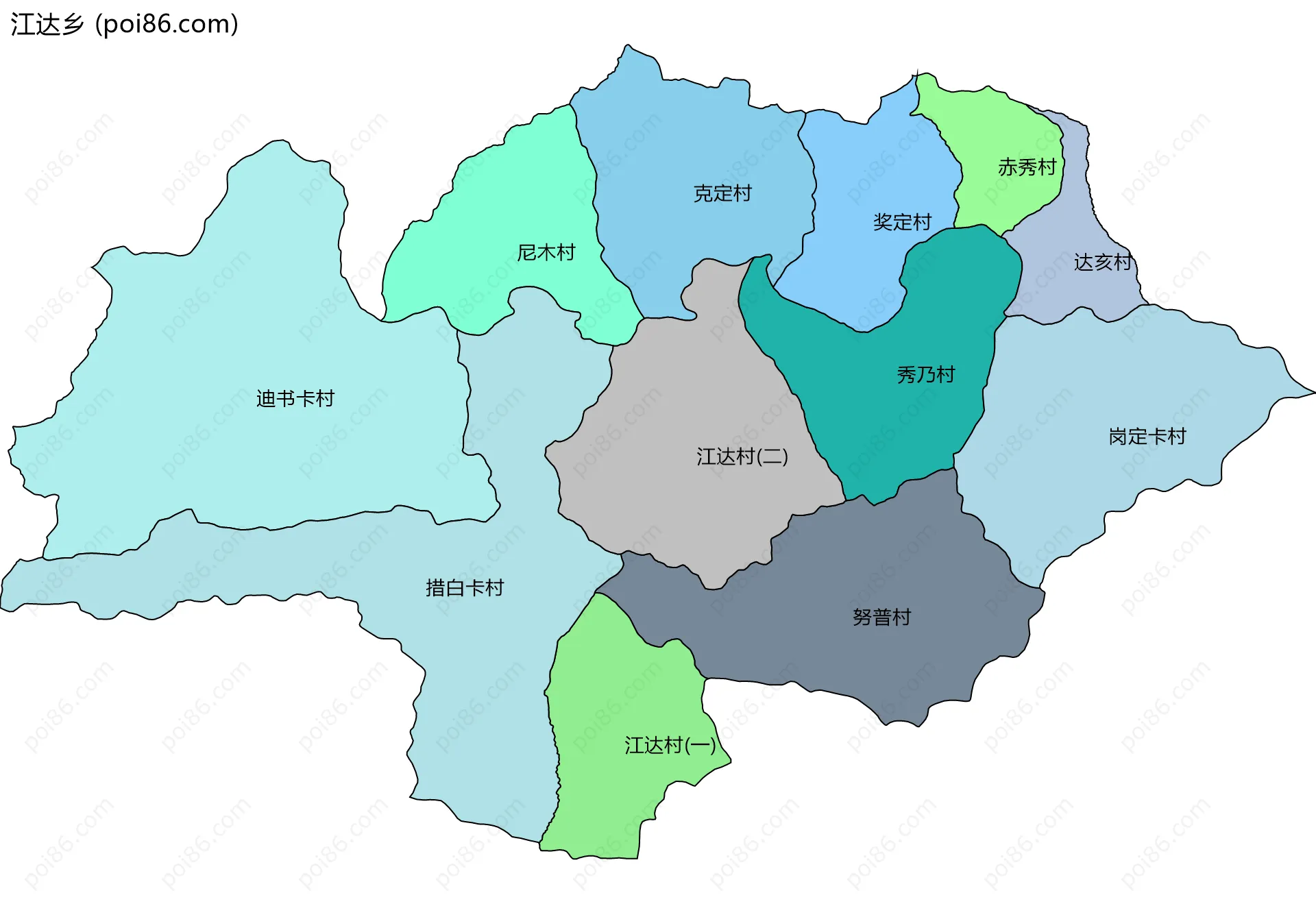 江达乡边界地图(五级行政区划)