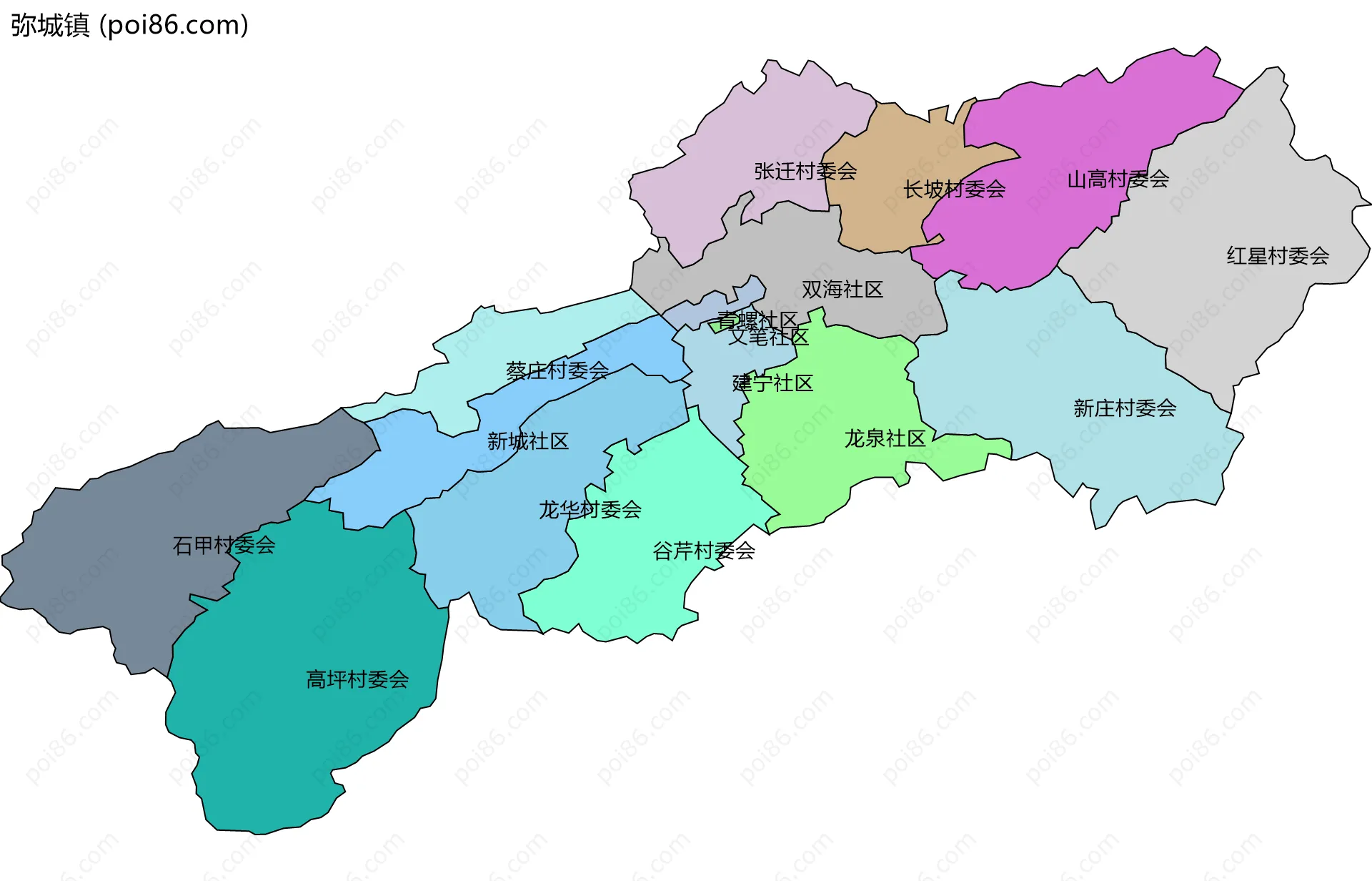 弥城镇边界地图(五级行政区划)