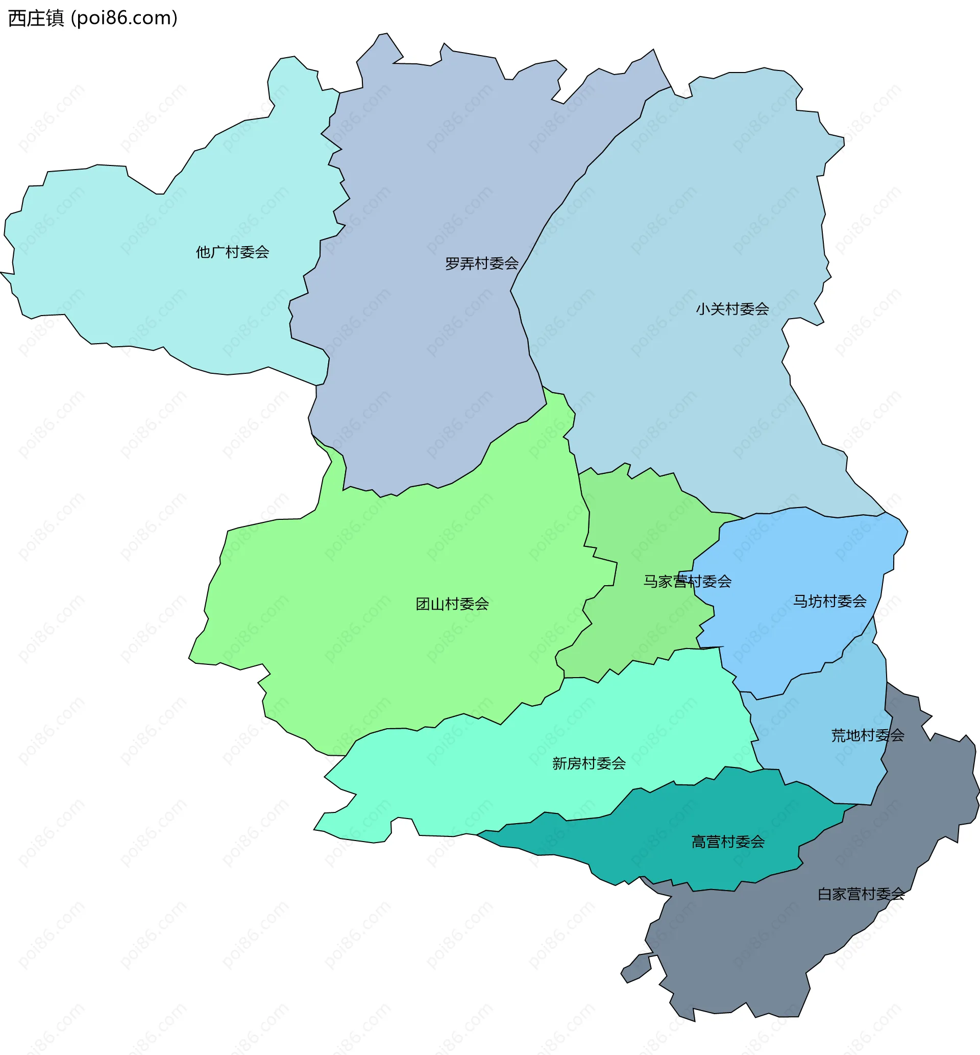 西庄镇边界地图(五级行政区划)