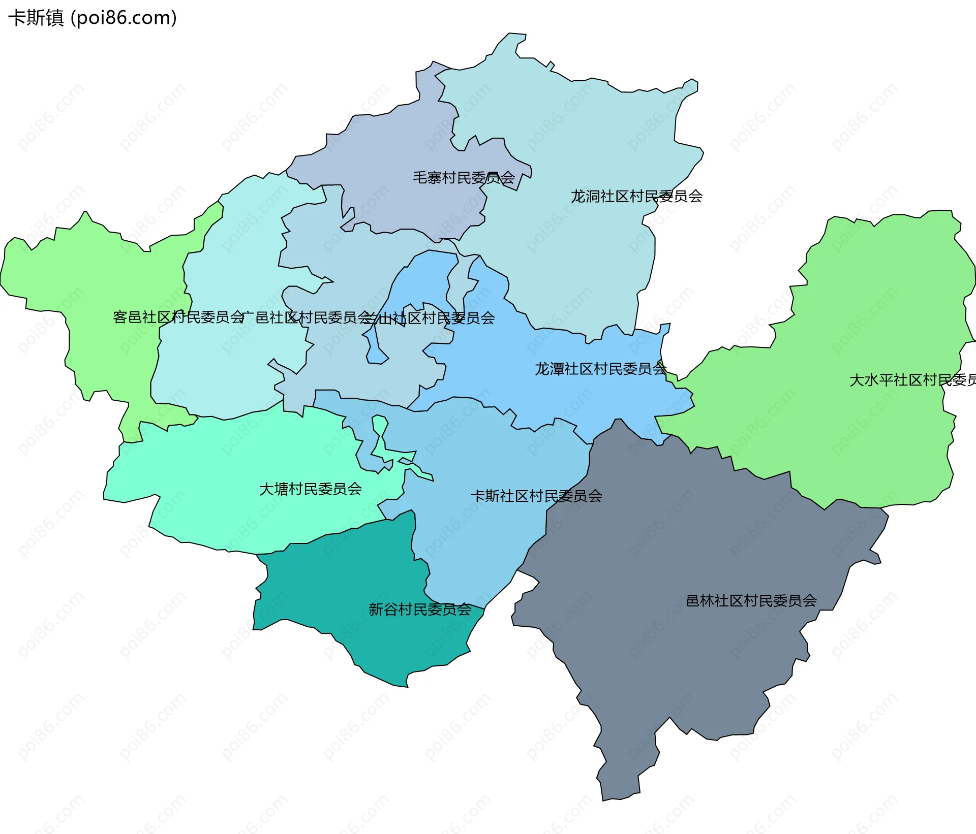 卡斯镇边界地图(五级行政区划)