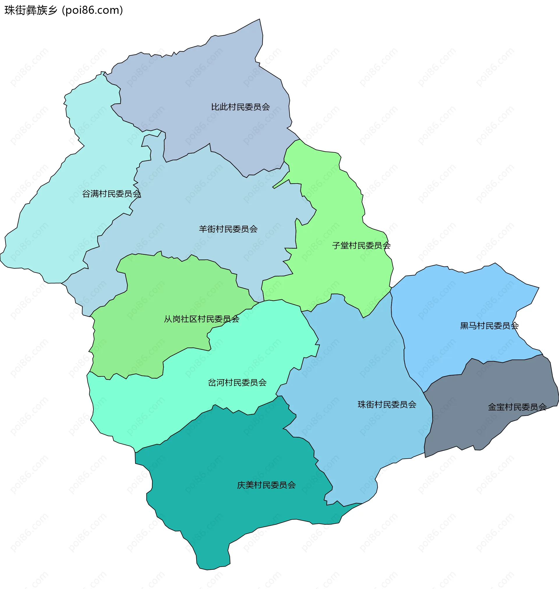 珠街彝族乡边界地图(五级行政区划)