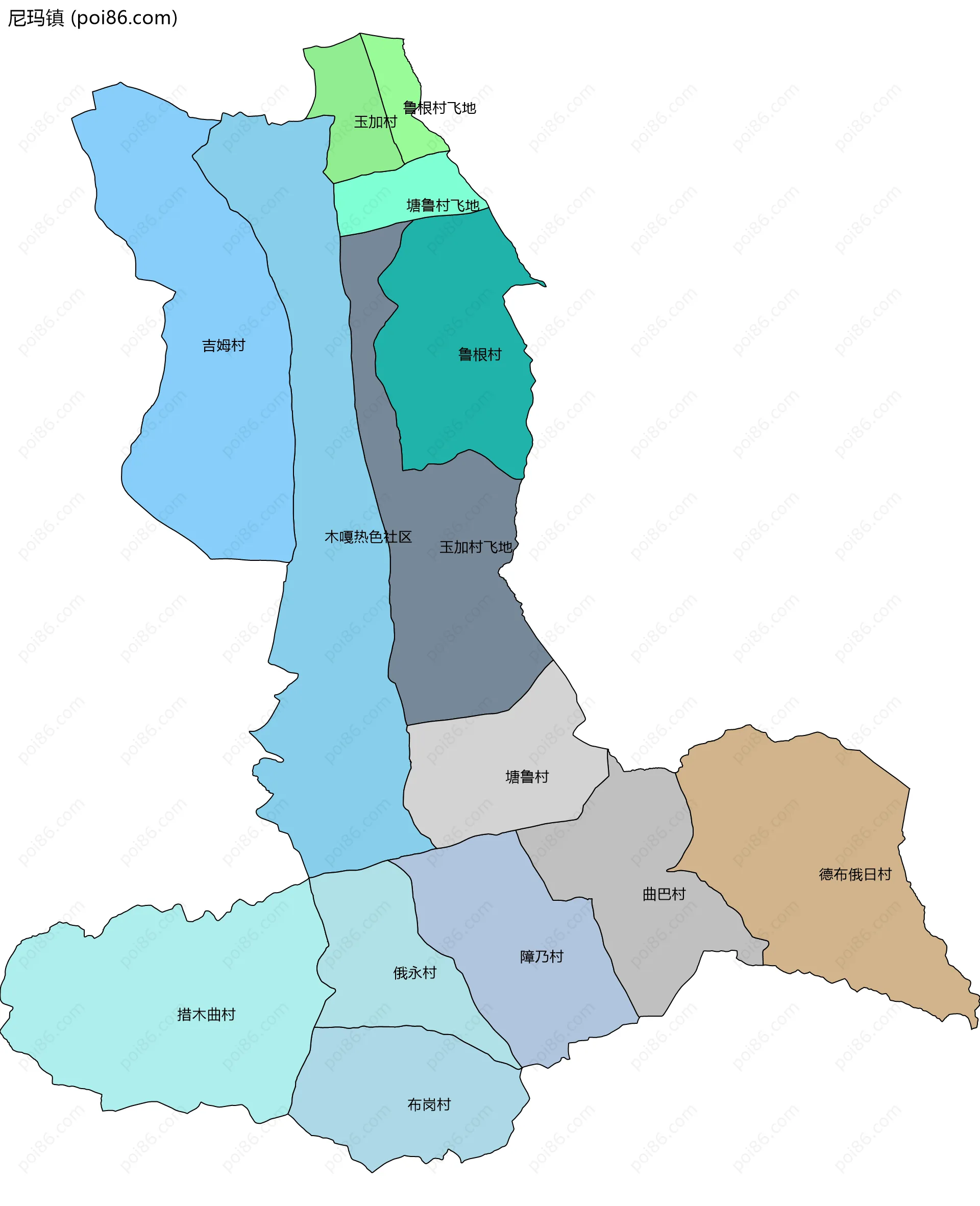 尼玛镇边界地图(五级行政区划)