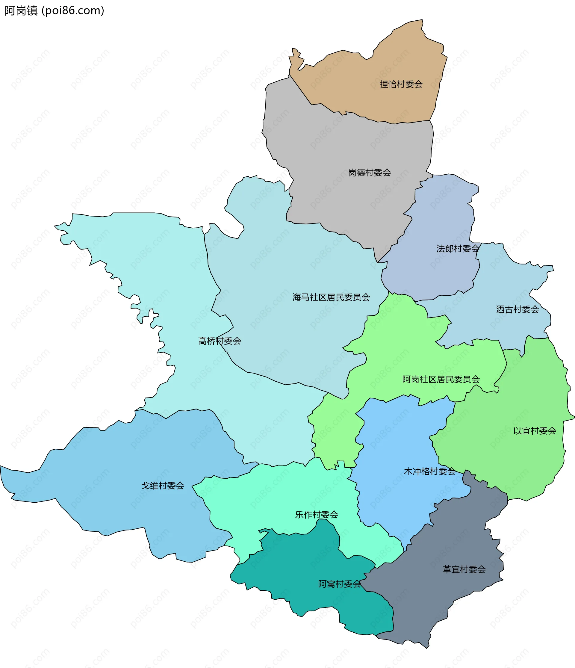 阿岗镇边界地图(五级行政区划)