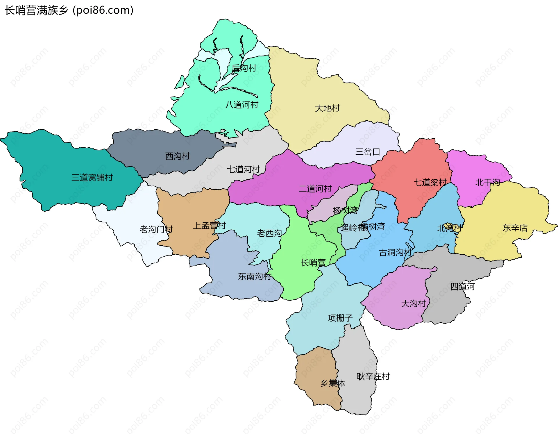长哨营满族乡边界地图(五级行政区划)