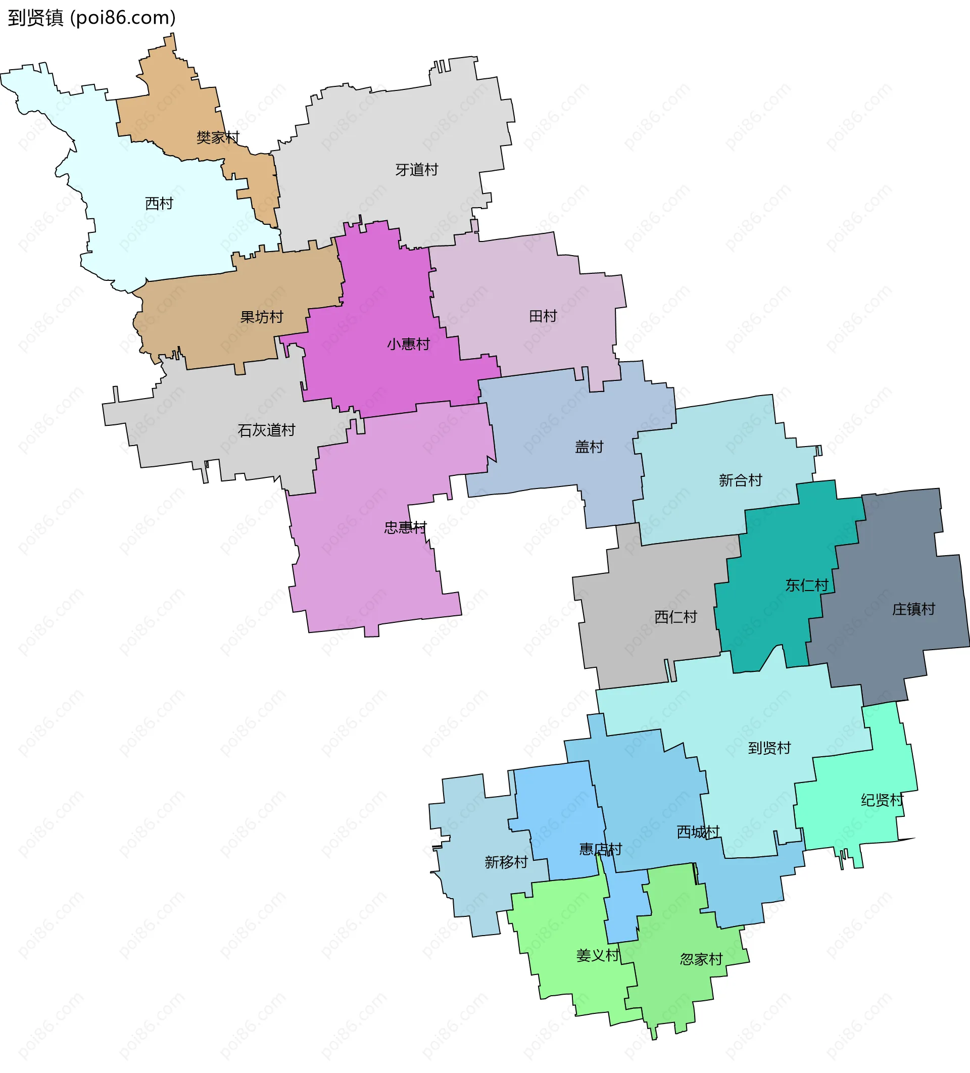 到贤镇边界地图(五级行政区划)