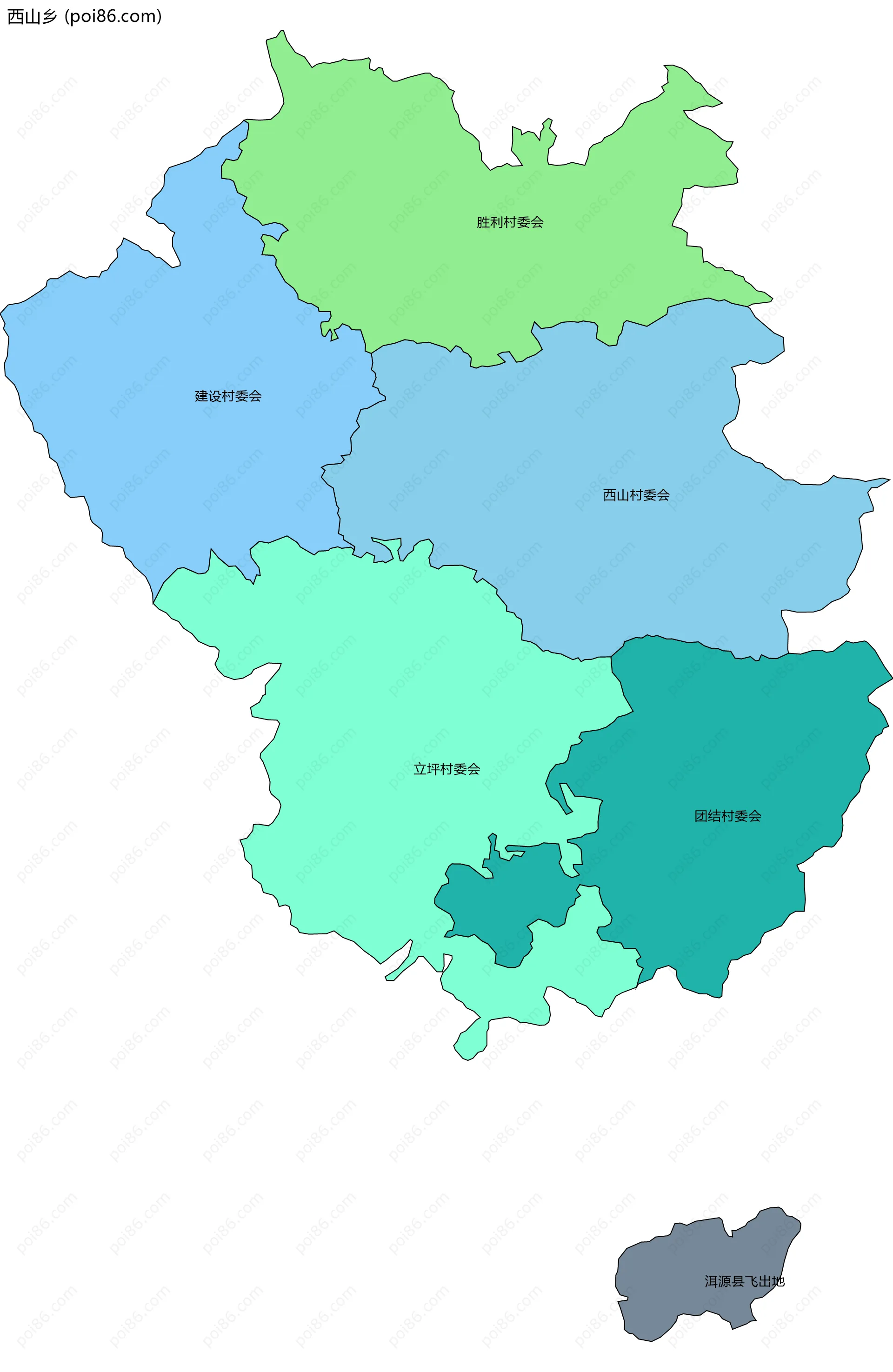 西山乡边界地图(五级行政区划)