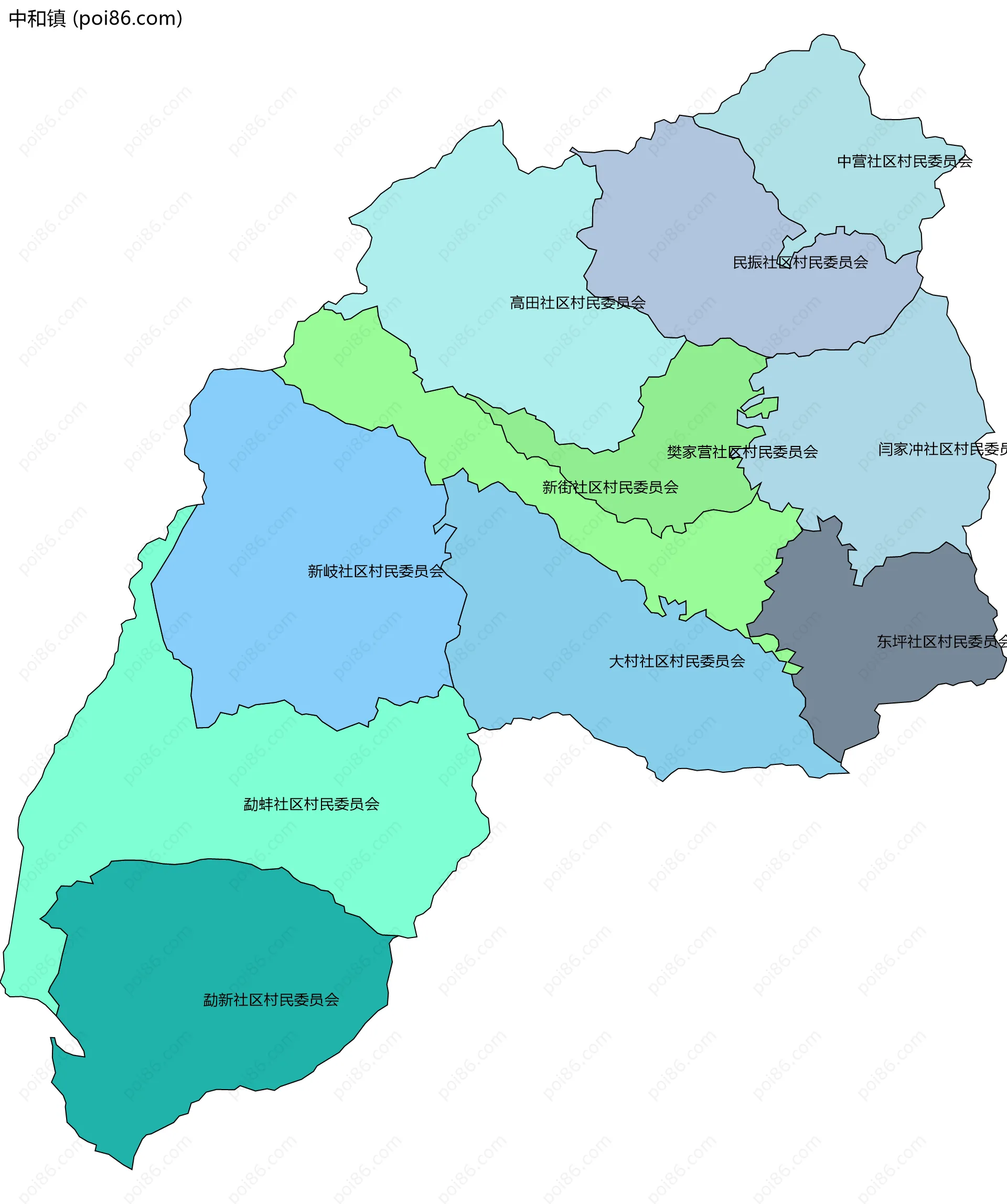 中和镇边界地图(五级行政区划)