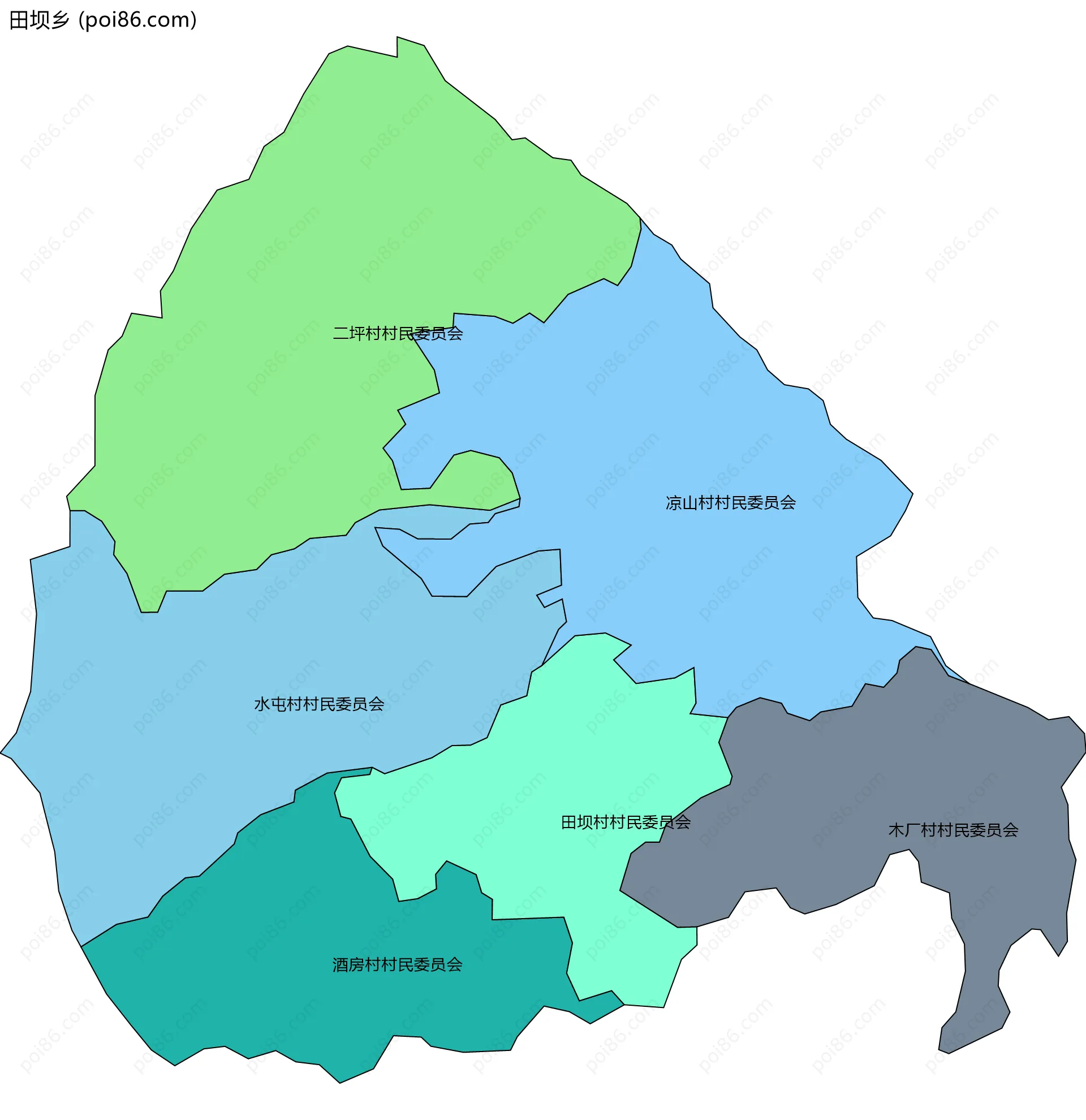 田坝乡边界地图(五级行政区划)