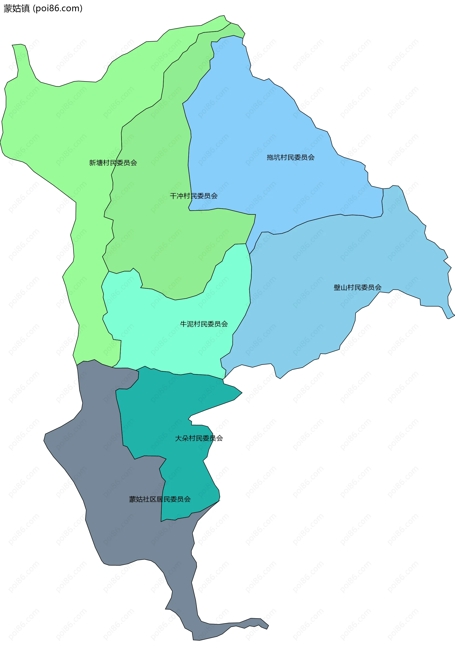 蒙姑镇边界地图(五级行政区划)