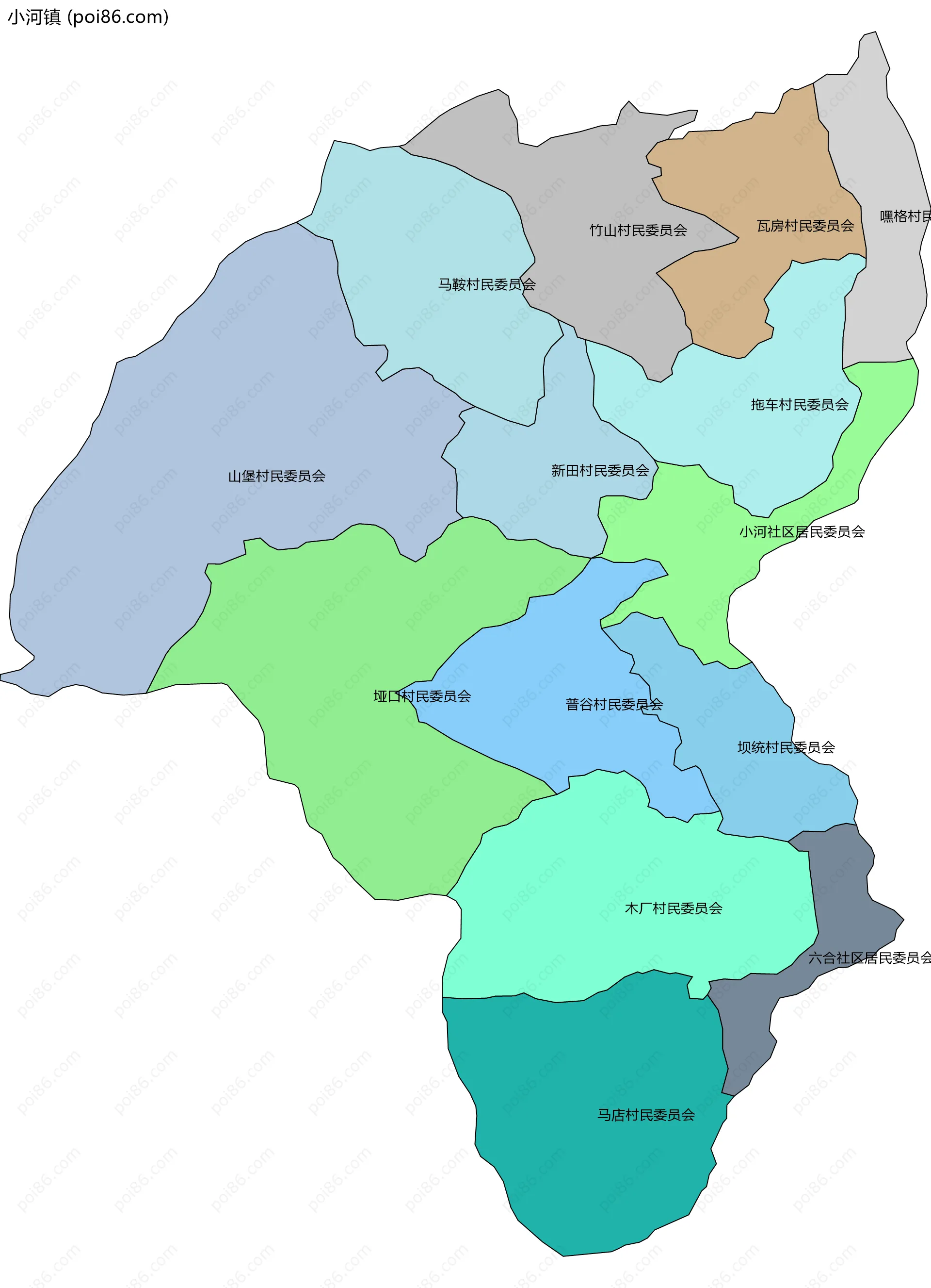 小河镇边界地图(五级行政区划)