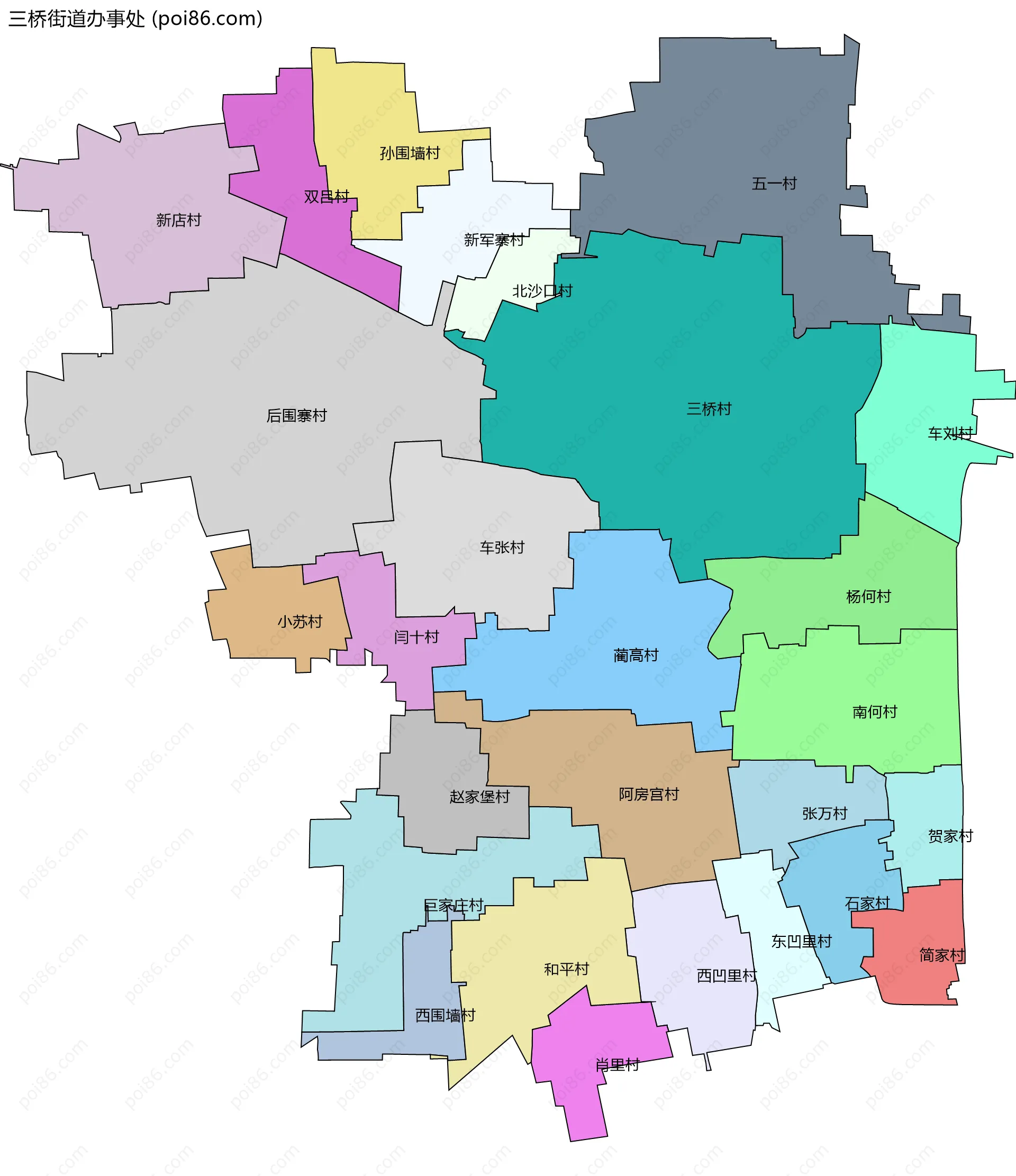 三桥街道办事处边界地图(五级行政区划)