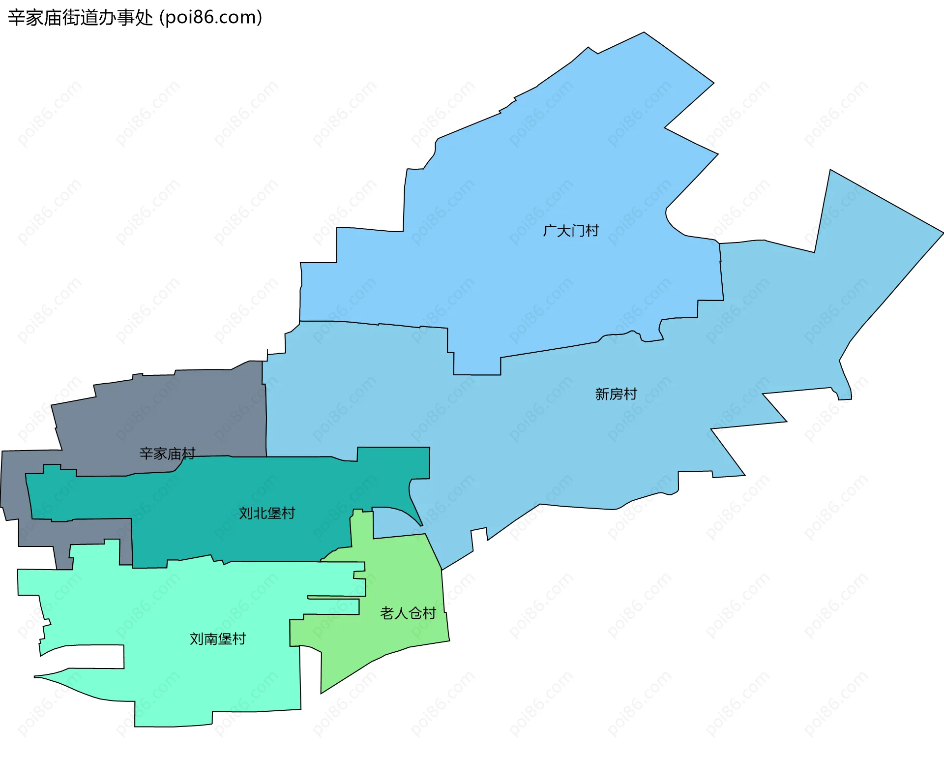 辛家庙街道办事处边界地图(五级行政区划)