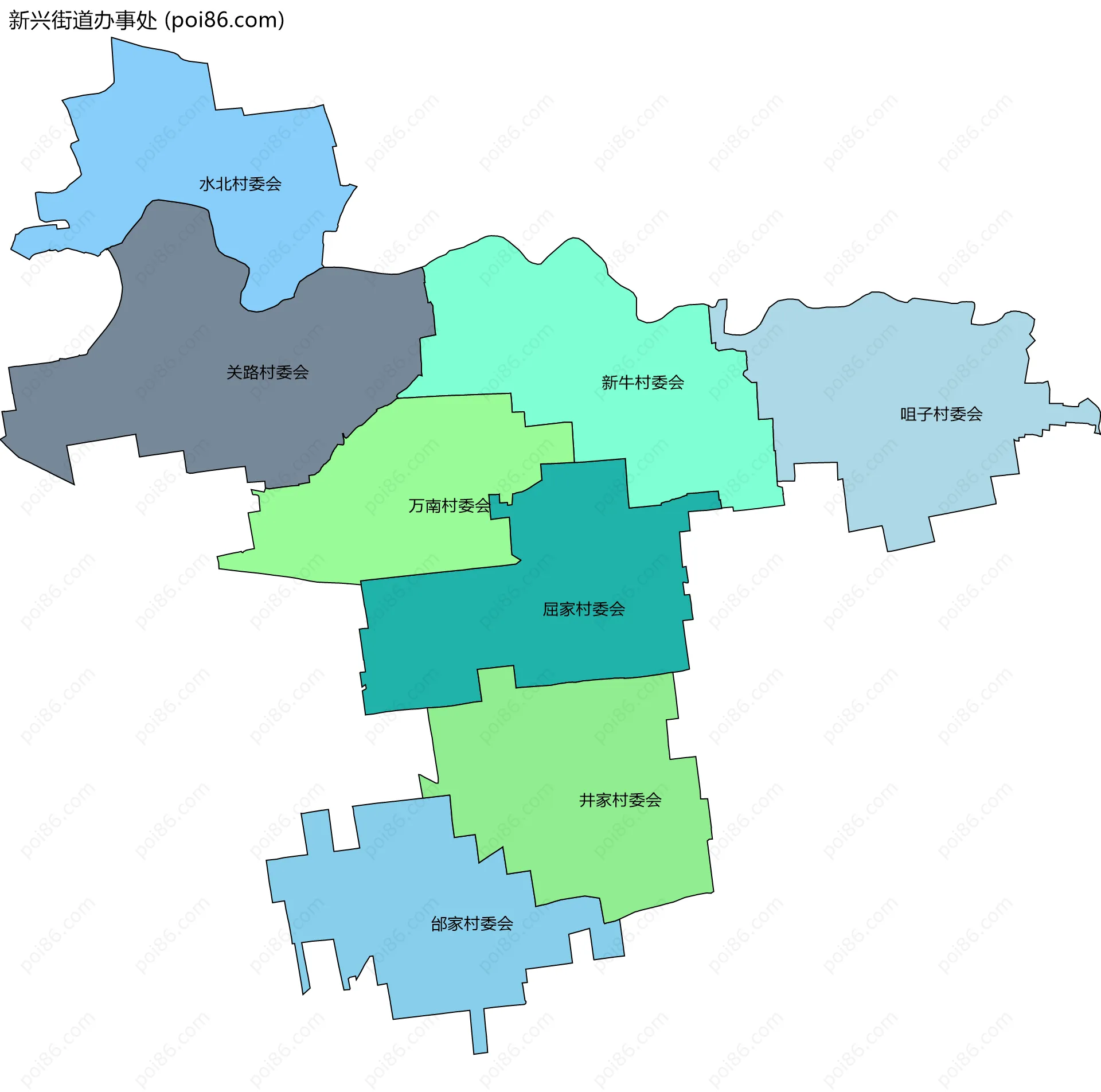 新兴街道办事处边界地图(五级行政区划)