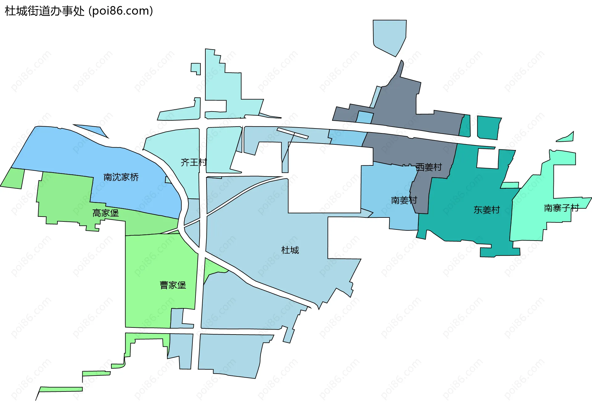 杜城街道办事处边界地图(五级行政区划)