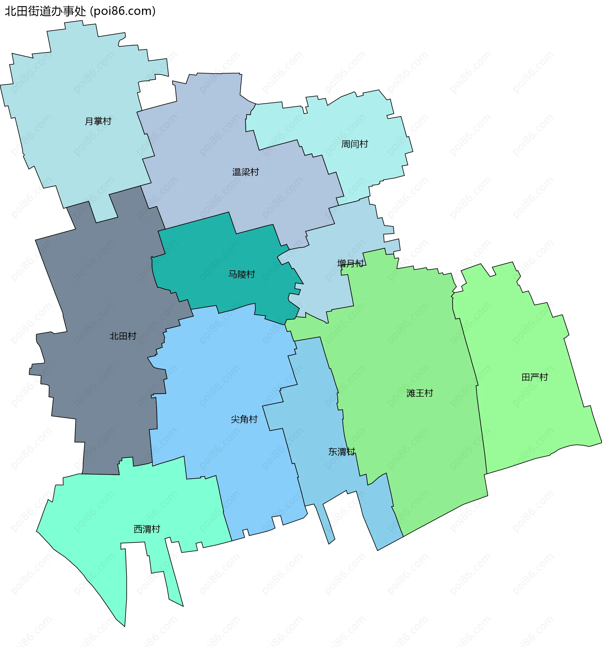 北田街道办事处边界地图(五级行政区划)