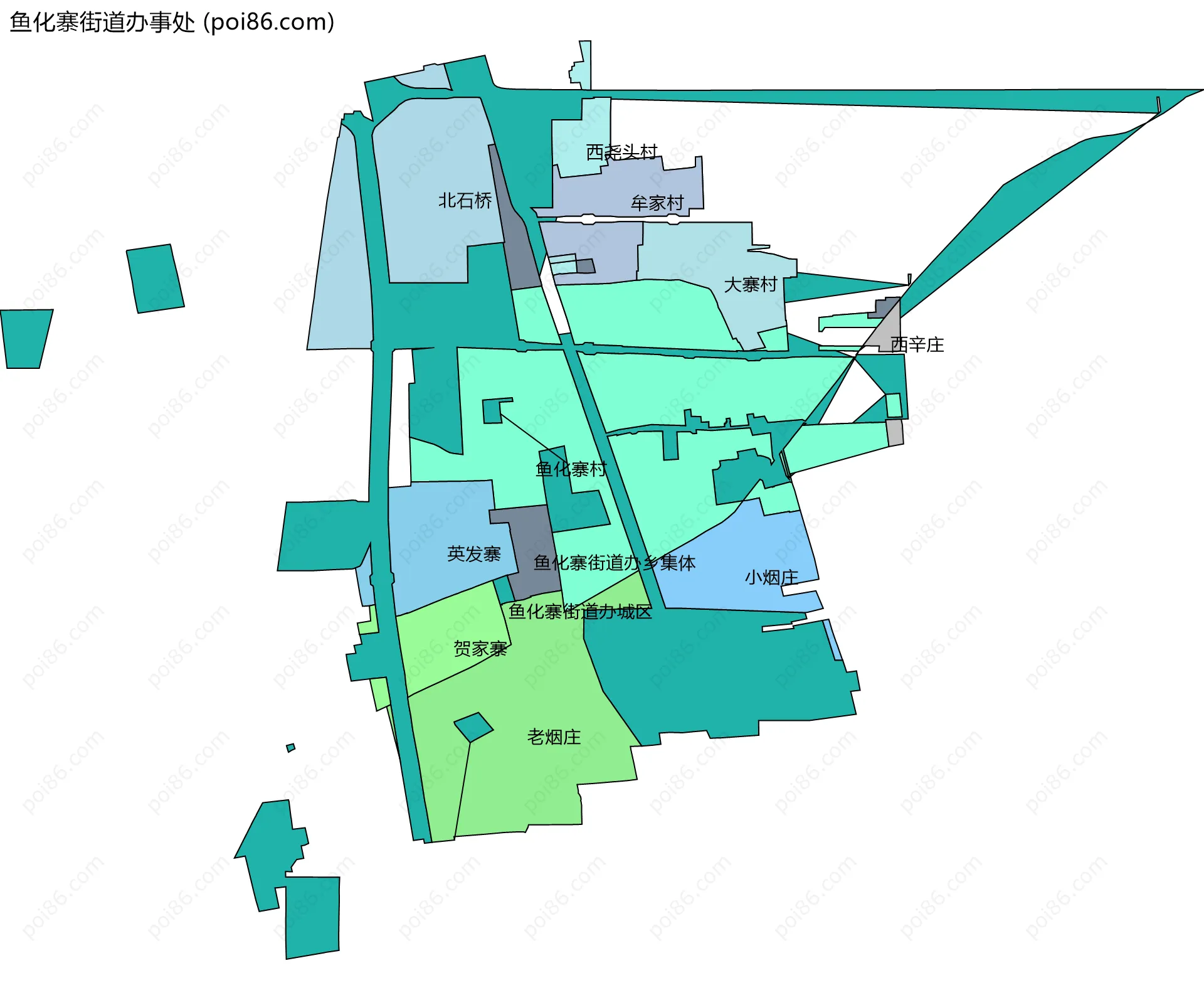 鱼化寨街道办事处边界地图(五级行政区划)