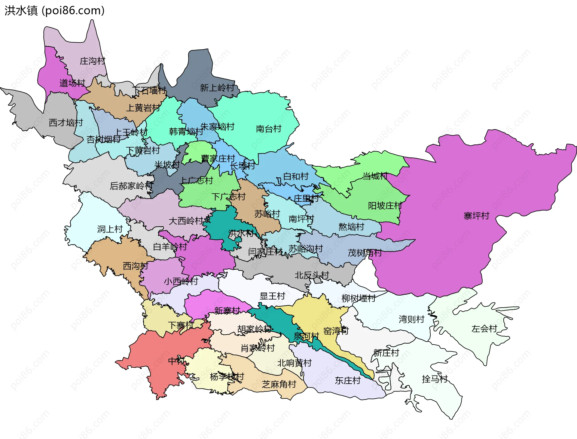 洪水镇边界地图(五级行政区划)