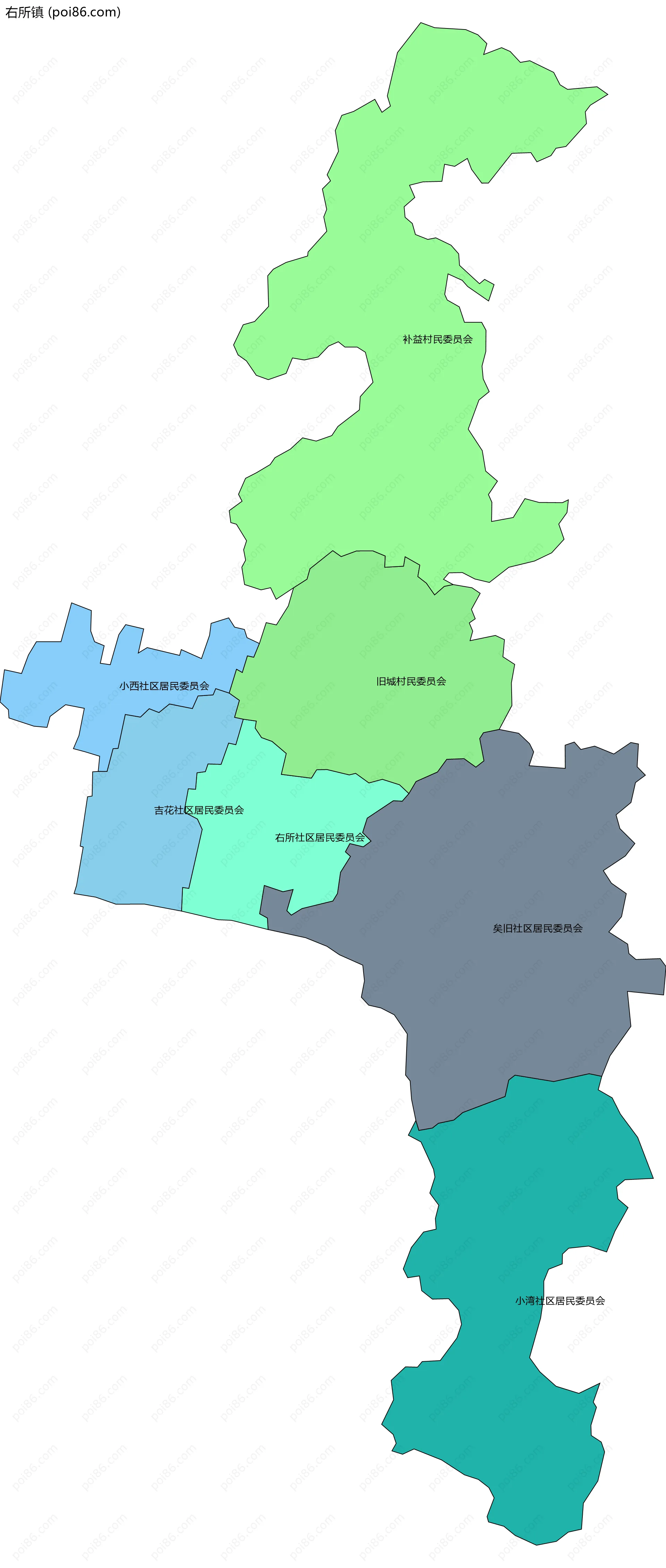 右所镇边界地图(五级行政区划)