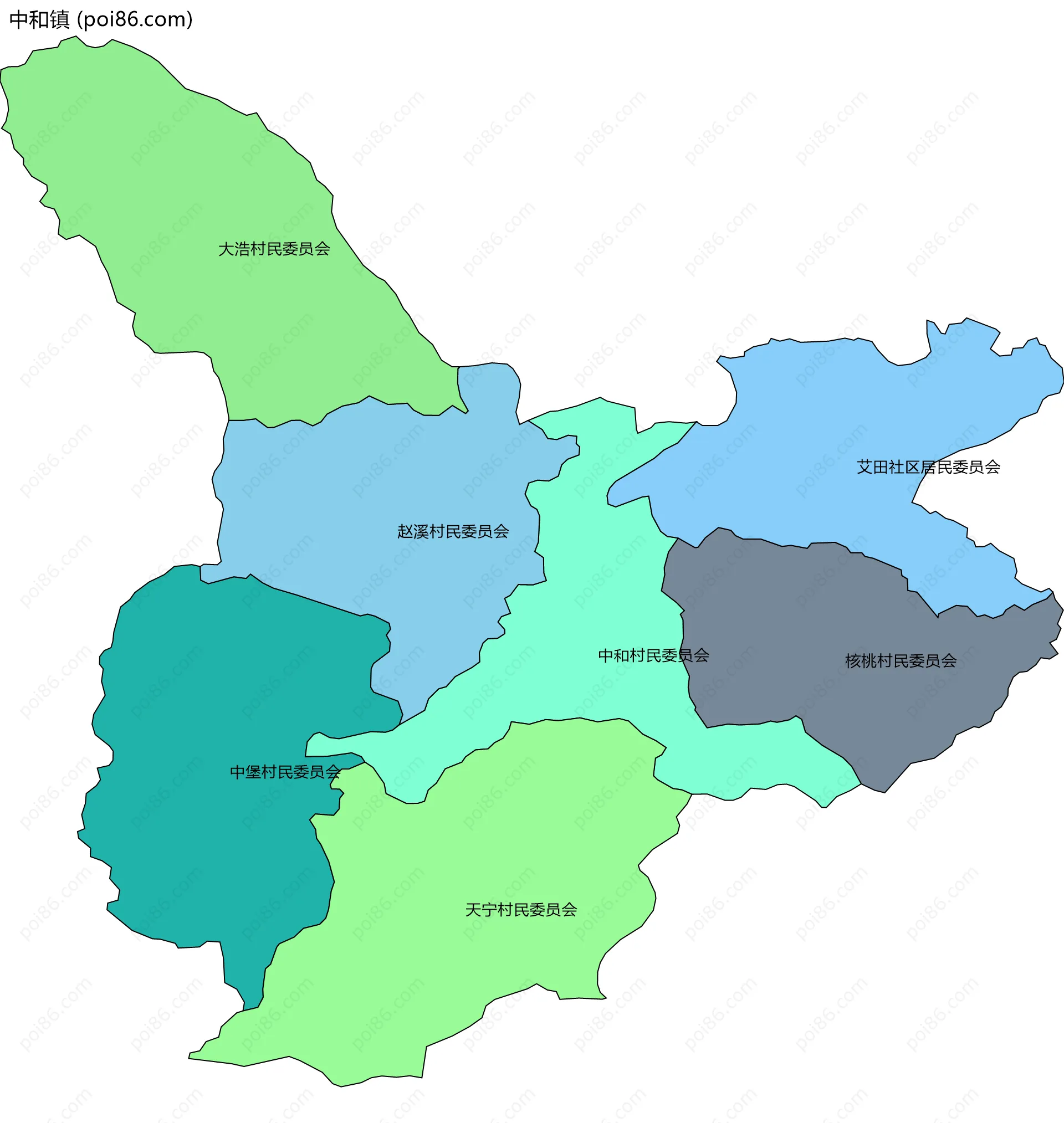 中和镇边界地图(五级行政区划)