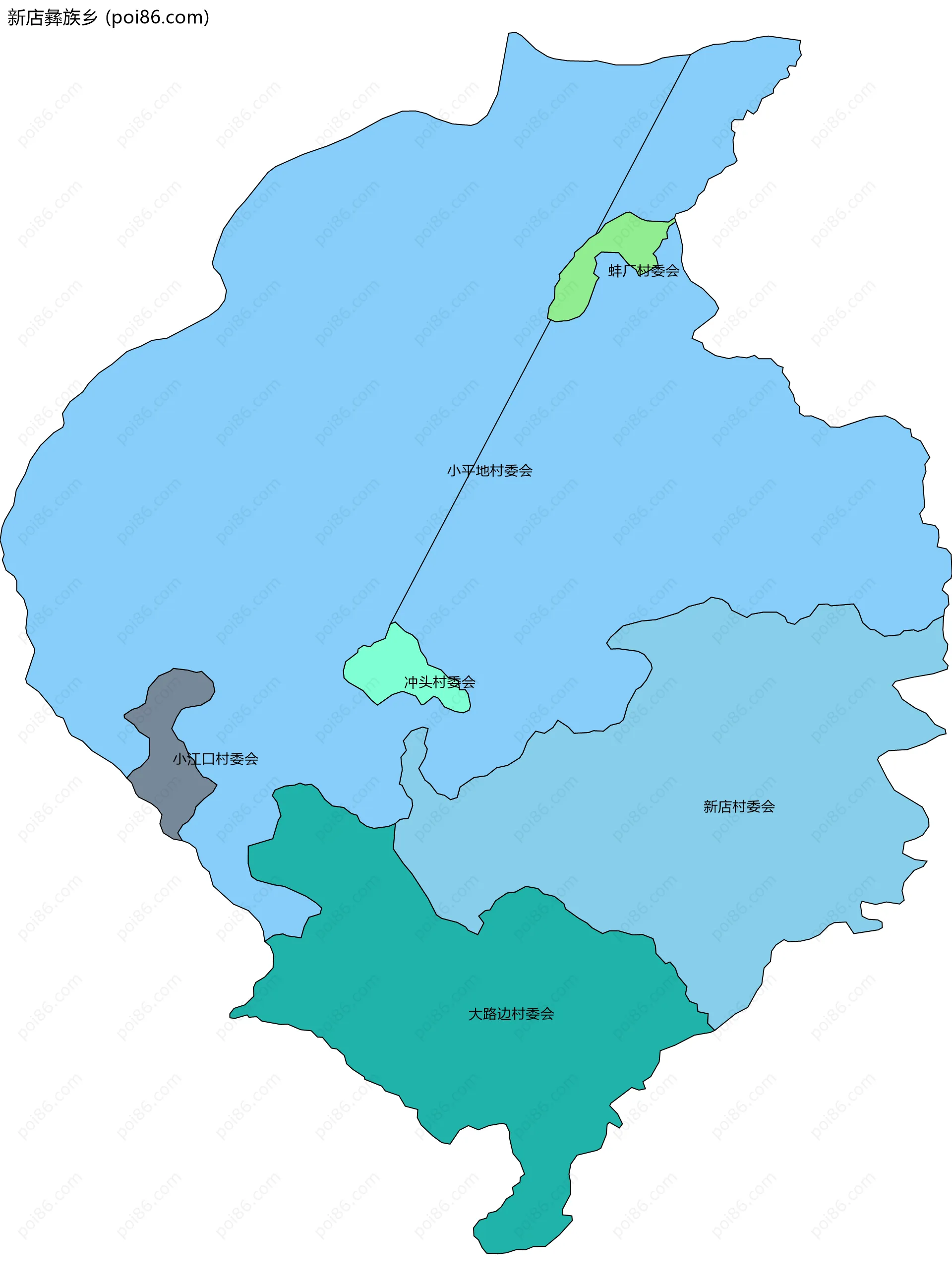 新店彝族乡边界地图(五级行政区划)