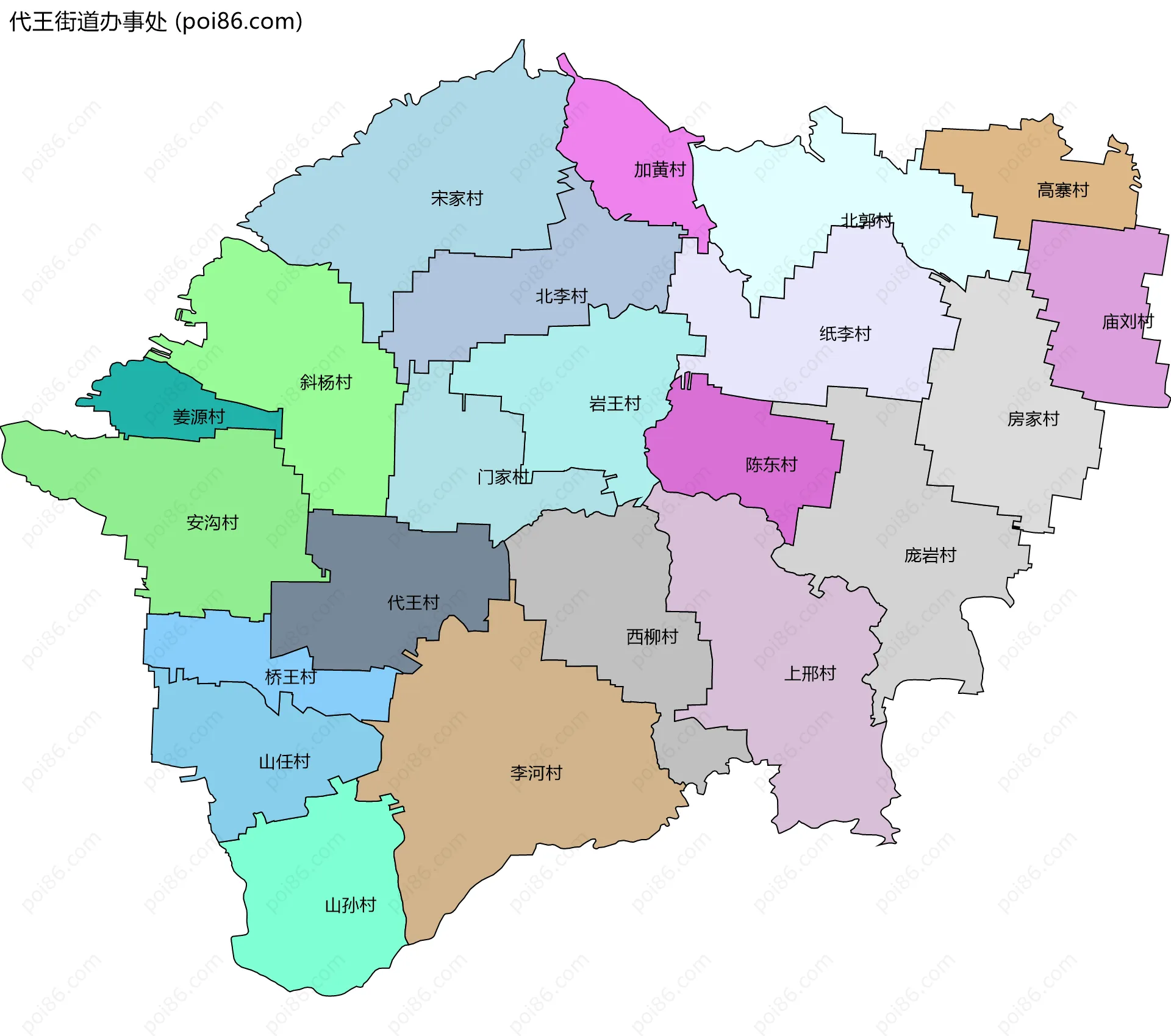 代王街道办事处边界地图(五级行政区划)
