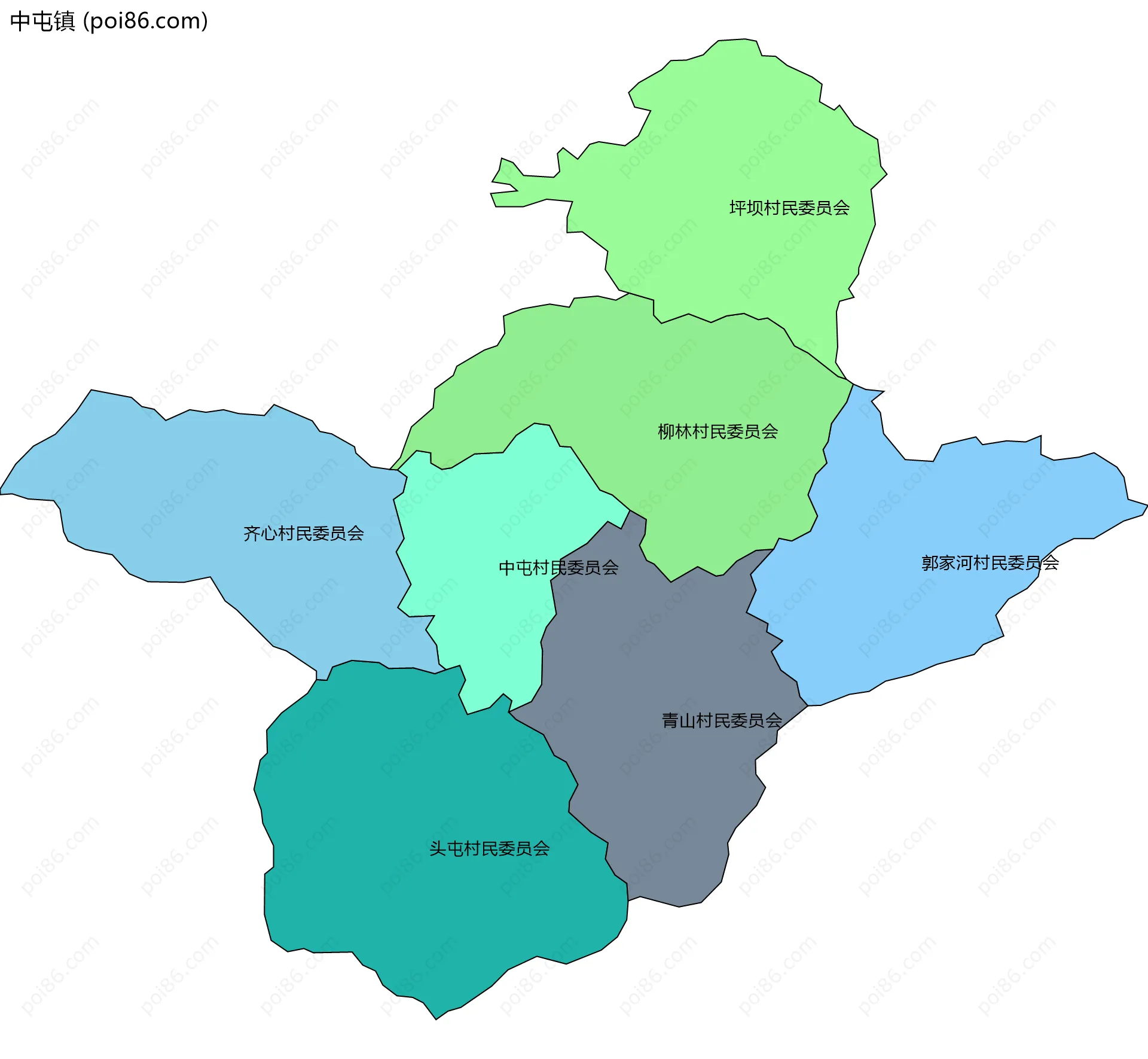 中屯镇边界地图(五级行政区划)