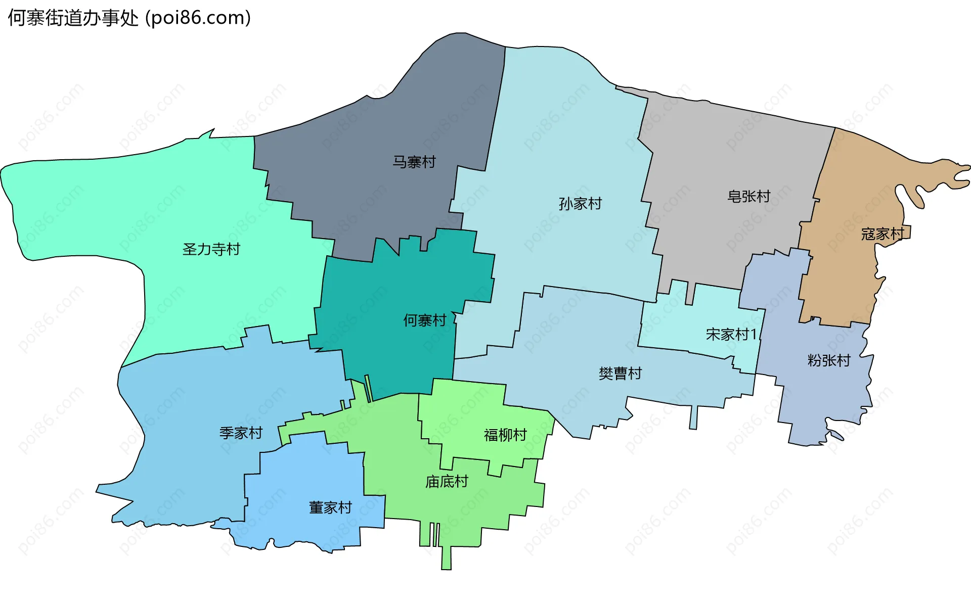 何寨街道办事处边界地图(五级行政区划)