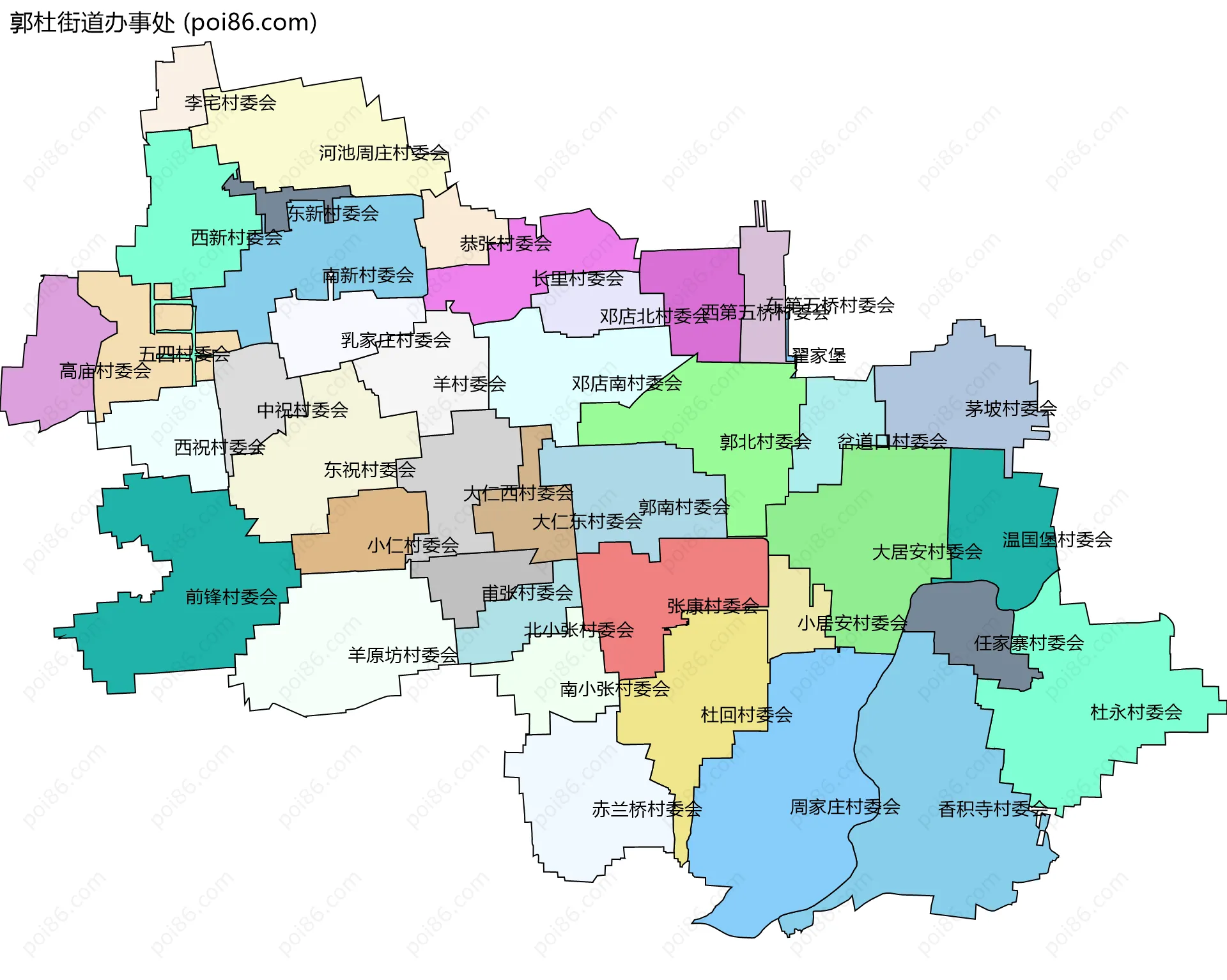 郭杜街道办事处边界地图(五级行政区划)