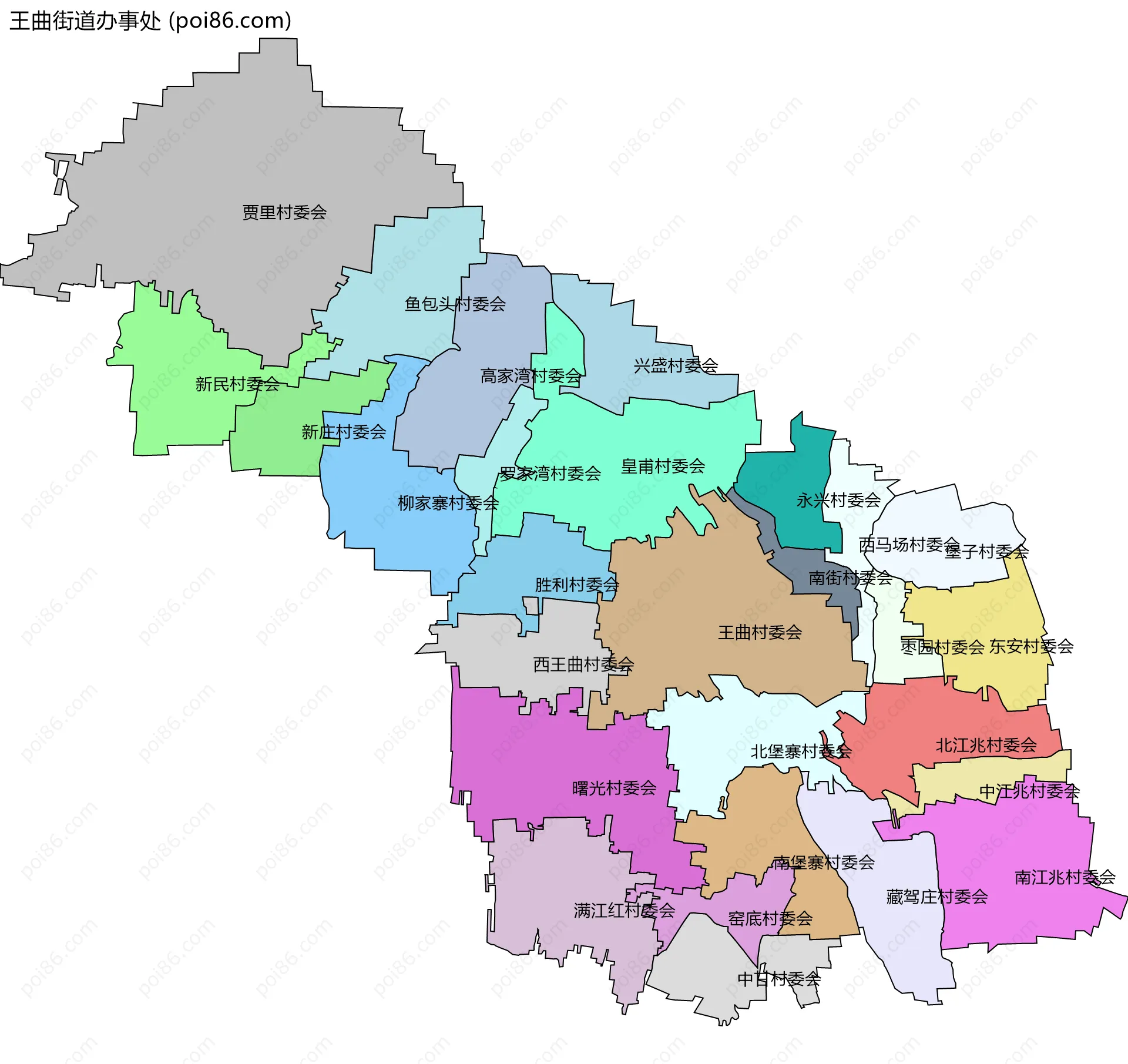 王曲街道办事处边界地图(五级行政区划)