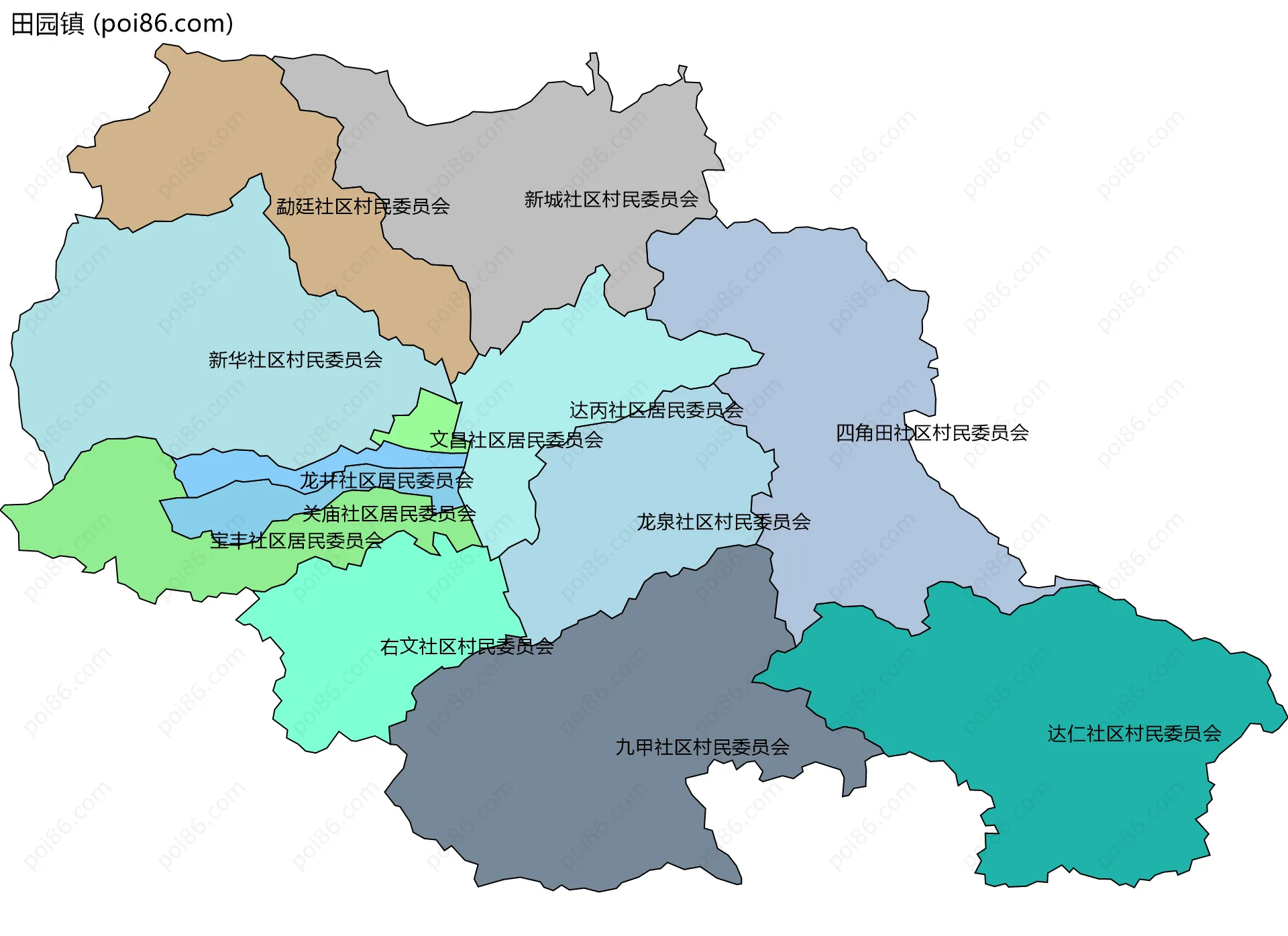 田园镇边界地图(五级行政区划)