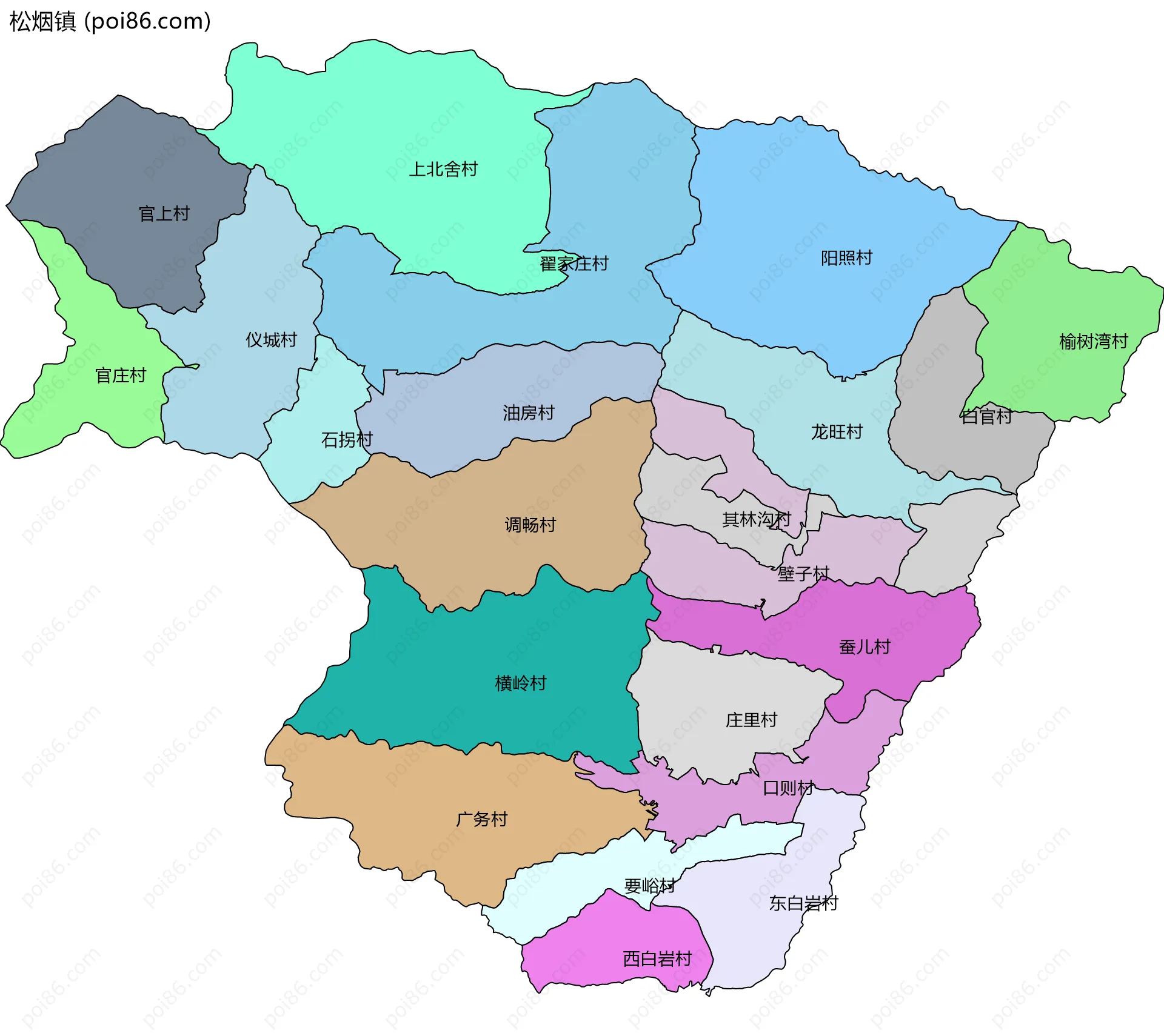 松烟镇边界地图(五级行政区划)