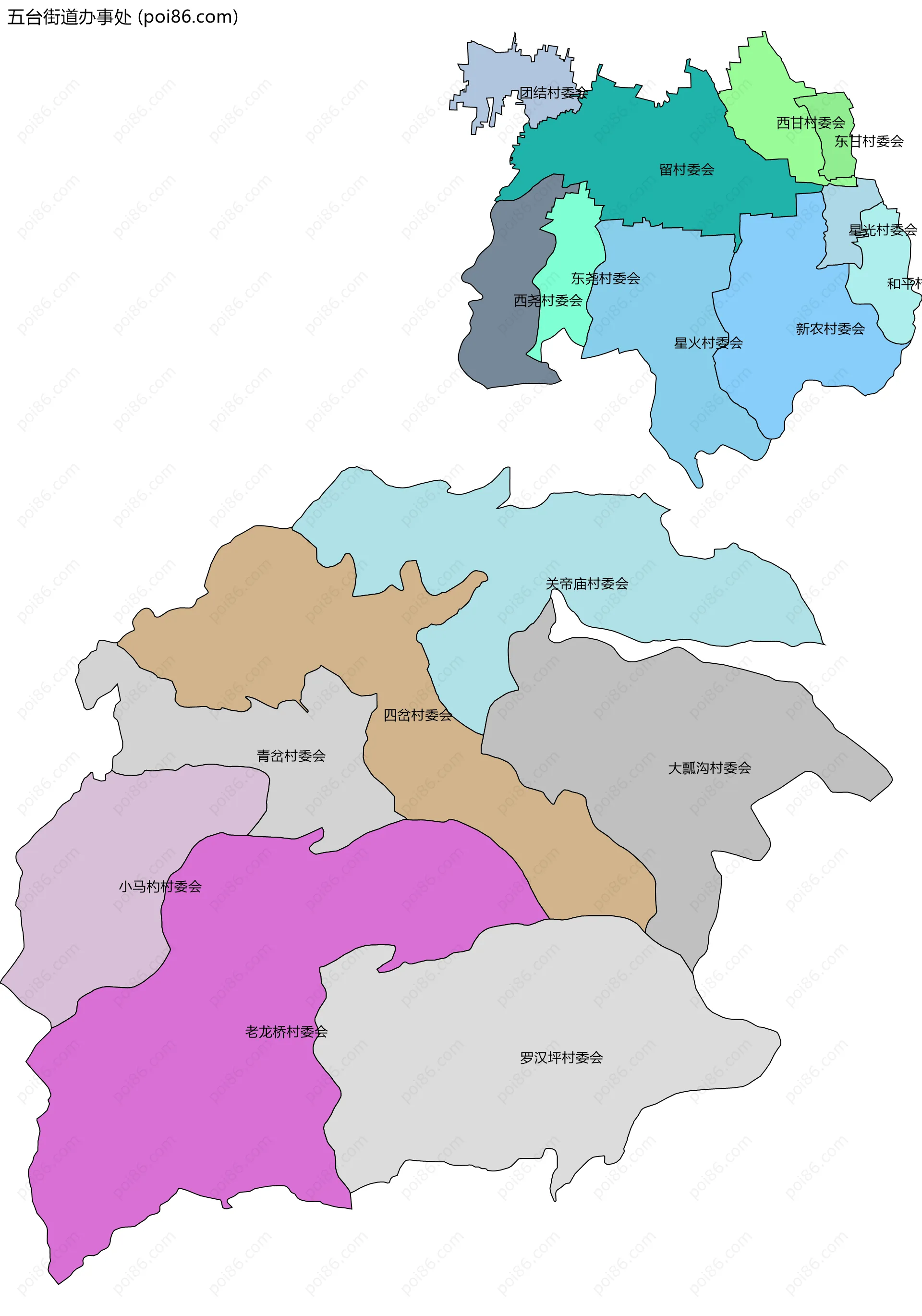 五台街道办事处边界地图(五级行政区划)