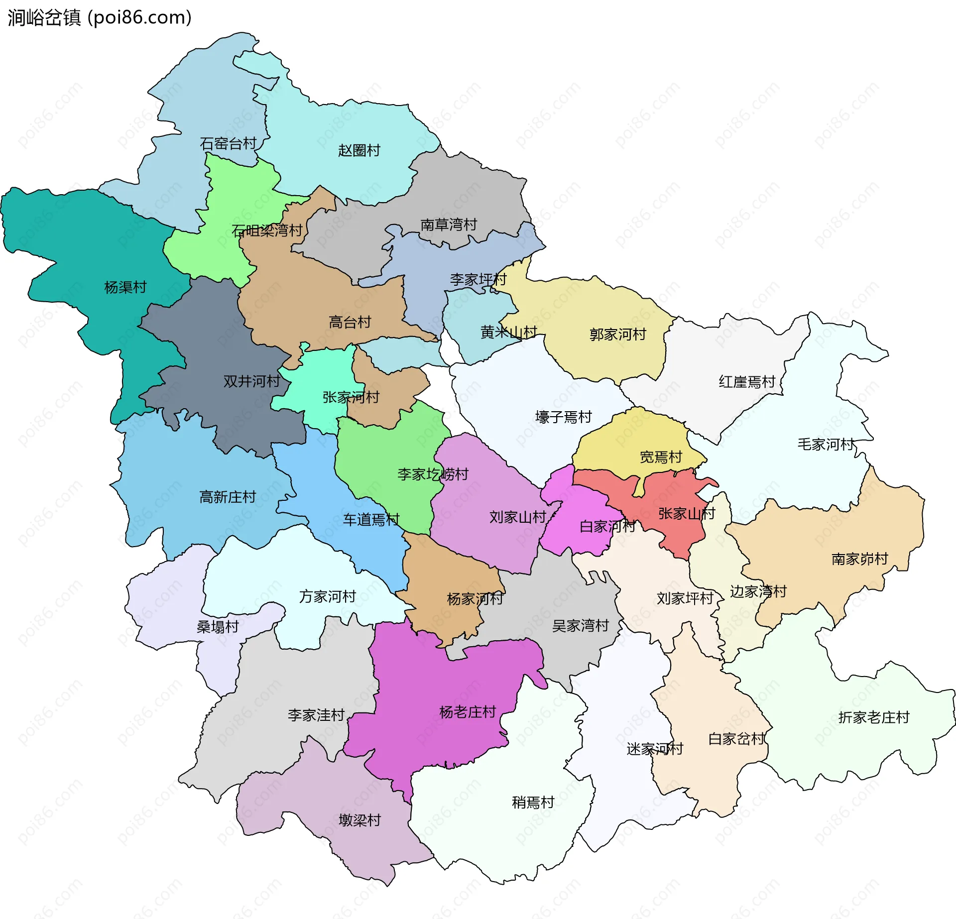 涧峪岔镇边界地图(五级行政区划)