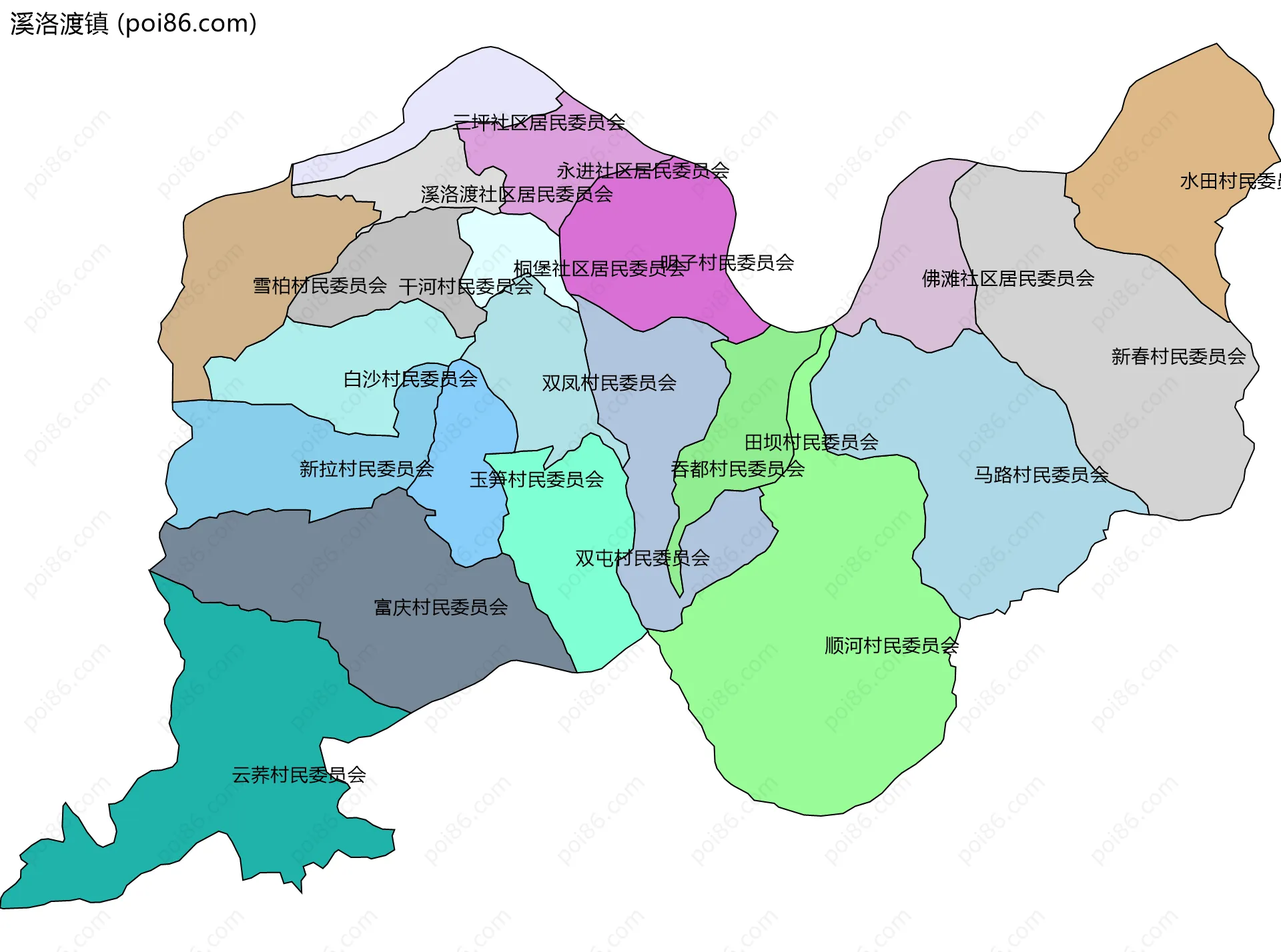 溪洛渡镇边界地图(五级行政区划)