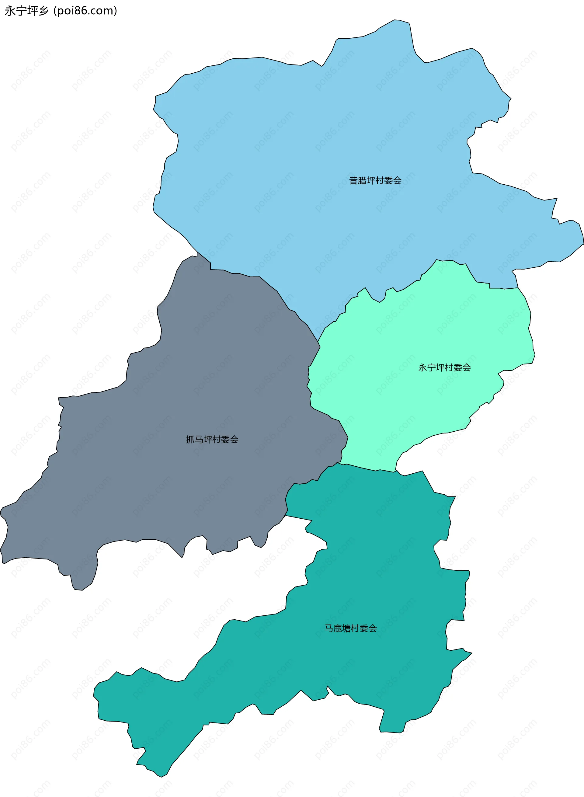 永宁坪乡边界地图(五级行政区划)
