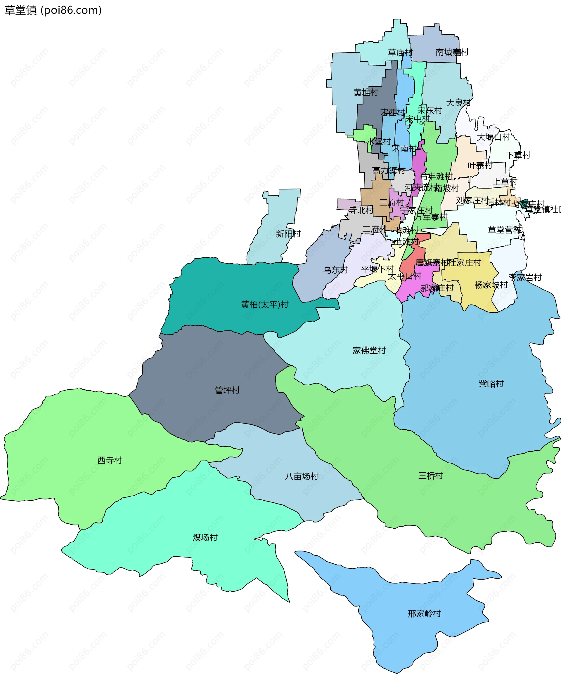 草堂镇边界地图(五级行政区划)