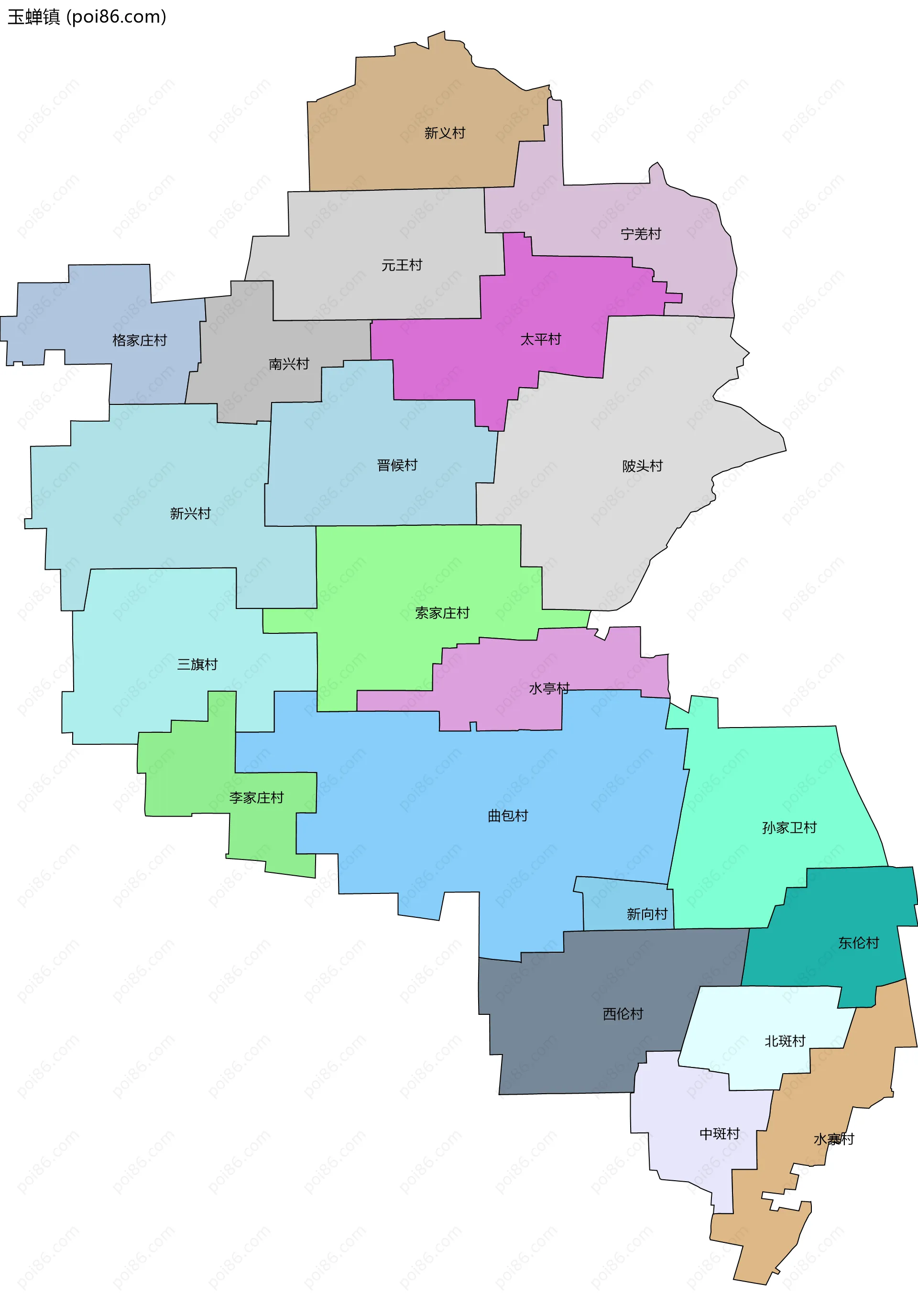 玉蝉镇边界地图(五级行政区划)