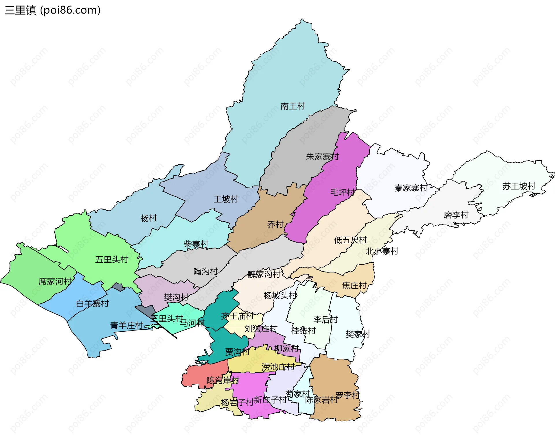 三里镇边界地图(五级行政区划)